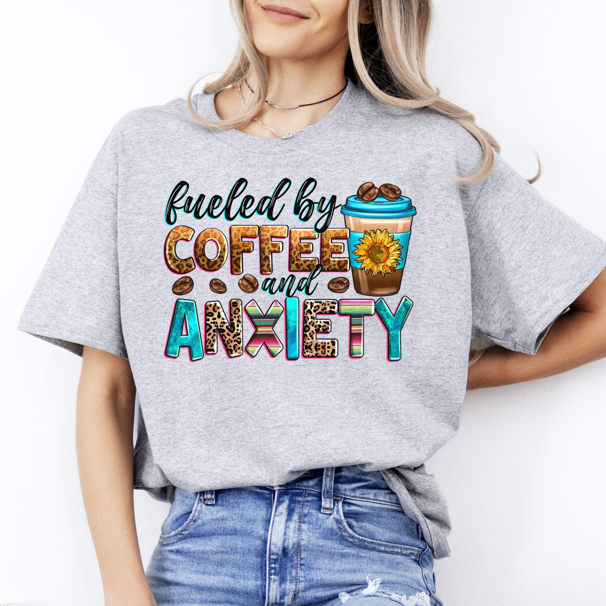 Fueled by coffee and anxiety T-Shirt gift Sunflower coffee lover Unisex tee Sand White Sport Grey-Sport Grey-Family-Gift-Planet