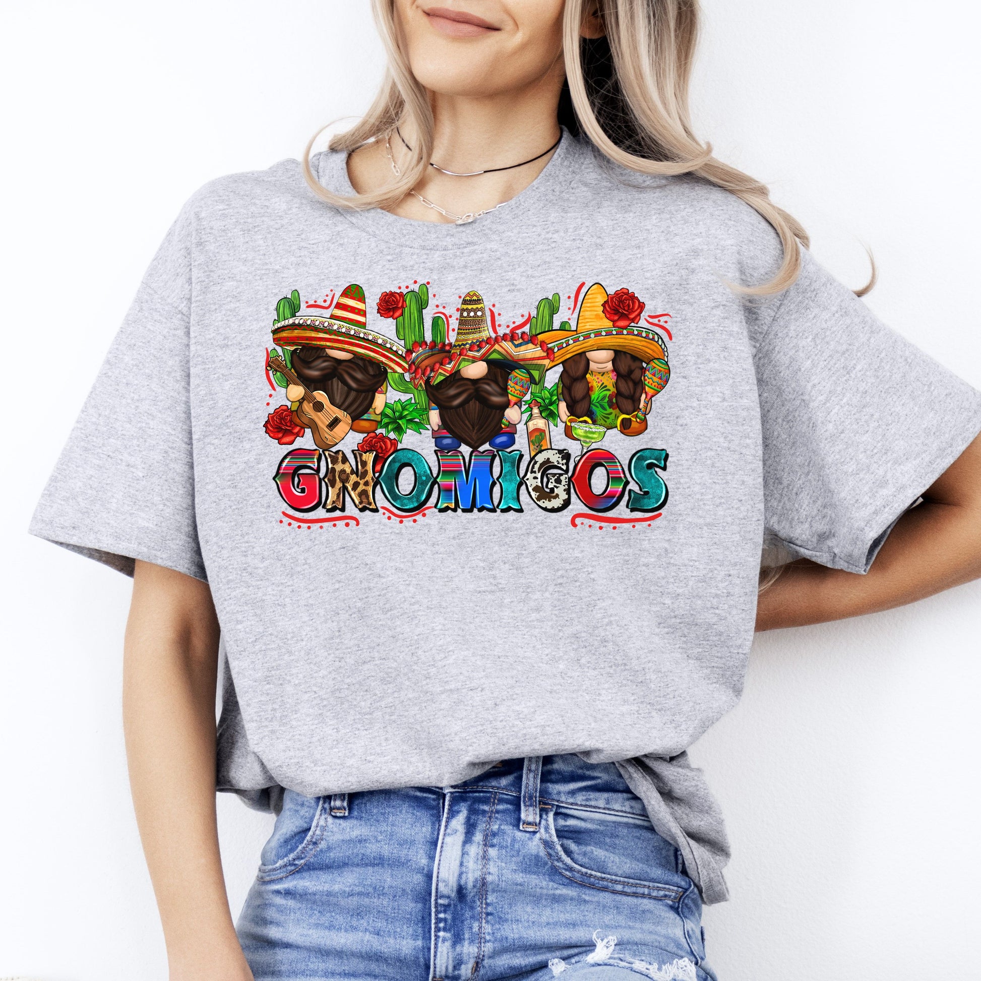 Gnomigos T-Shirt gift Three Mexican Gnomes Cinco de mayo Unisex tee Sand White Sport Grey-Sport Grey-Family-Gift-Planet