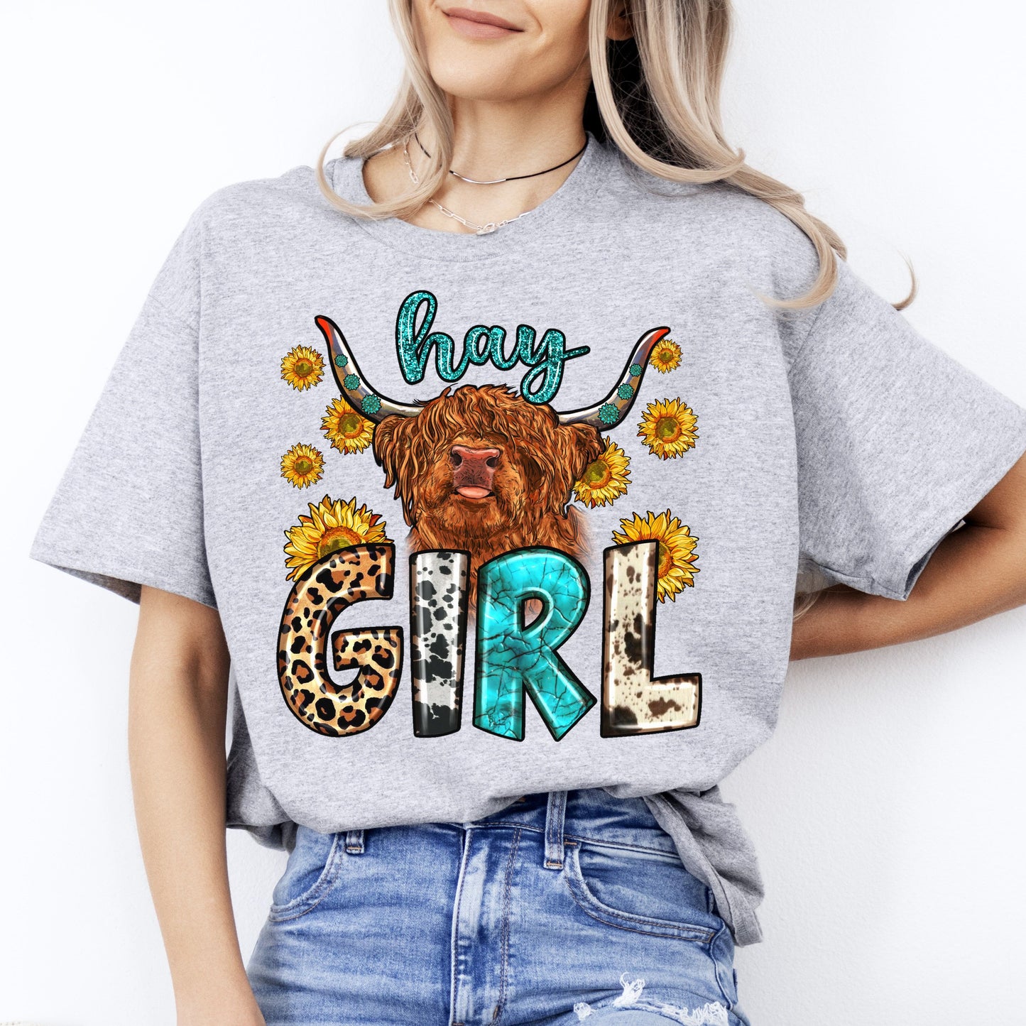 Hay girl T-Shirt gift Western Sunflower highland cow Texas girl Unisex tee Sand White Sport Grey-Sport Grey-Family-Gift-Planet