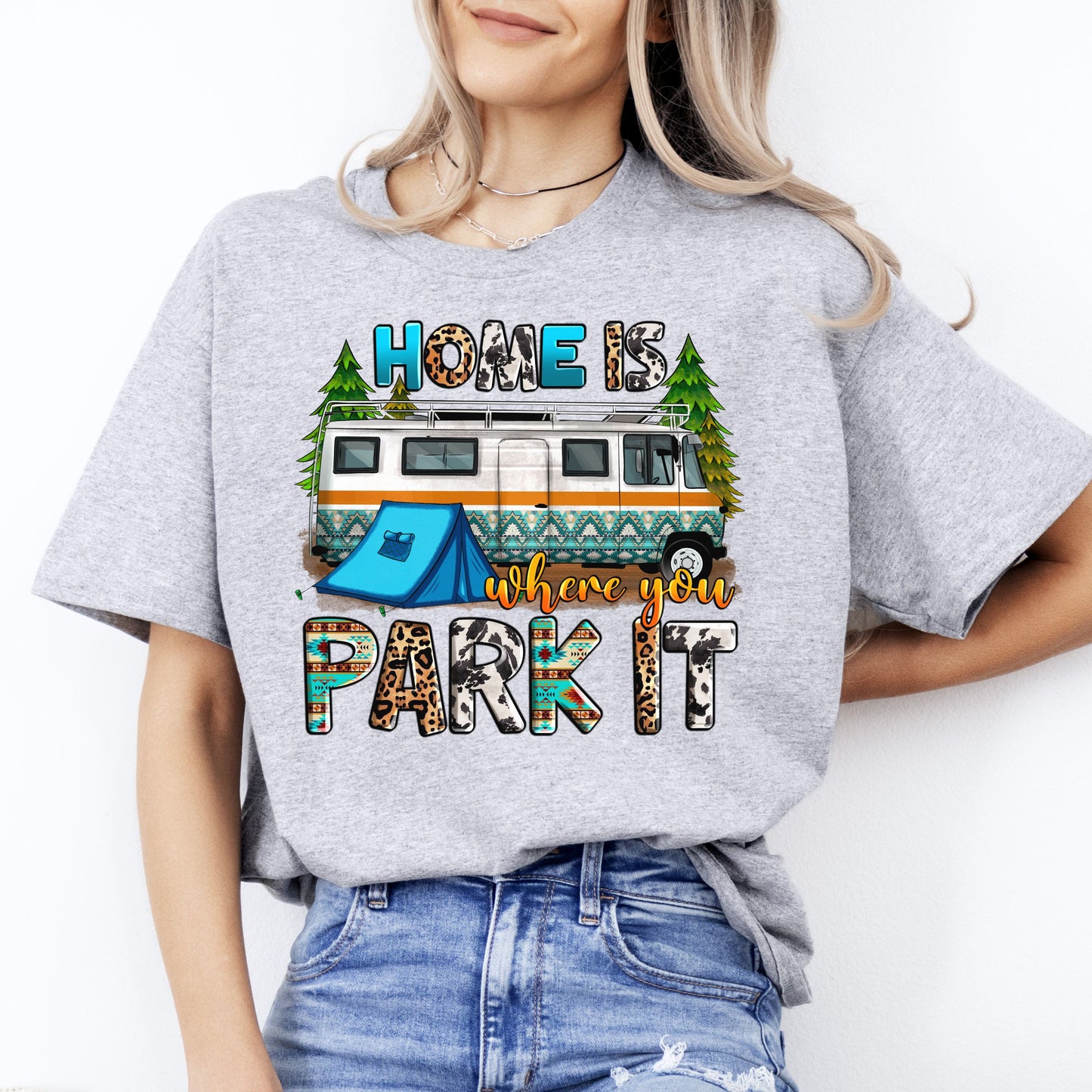 Home is where you park it T-Shirt gift Camping Caravan camper Unisex tee Sand White Sport Grey-Sport Grey-Family-Gift-Planet