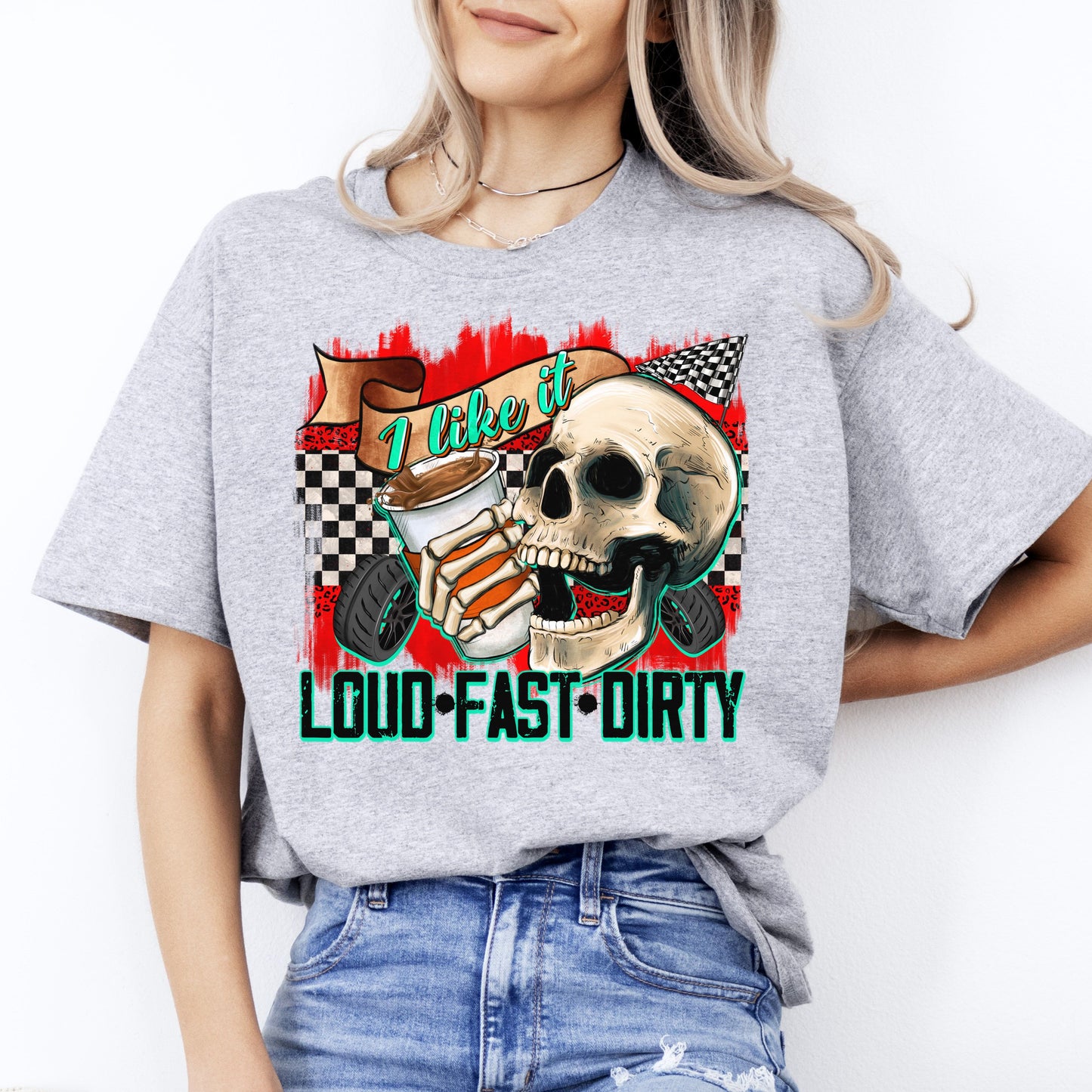 Funny Racer T-Shirt Race Skull I like it loud fast dirty Racing day Unisex Tee Sand White Sport Grey-Sport Grey-Family-Gift-Planet