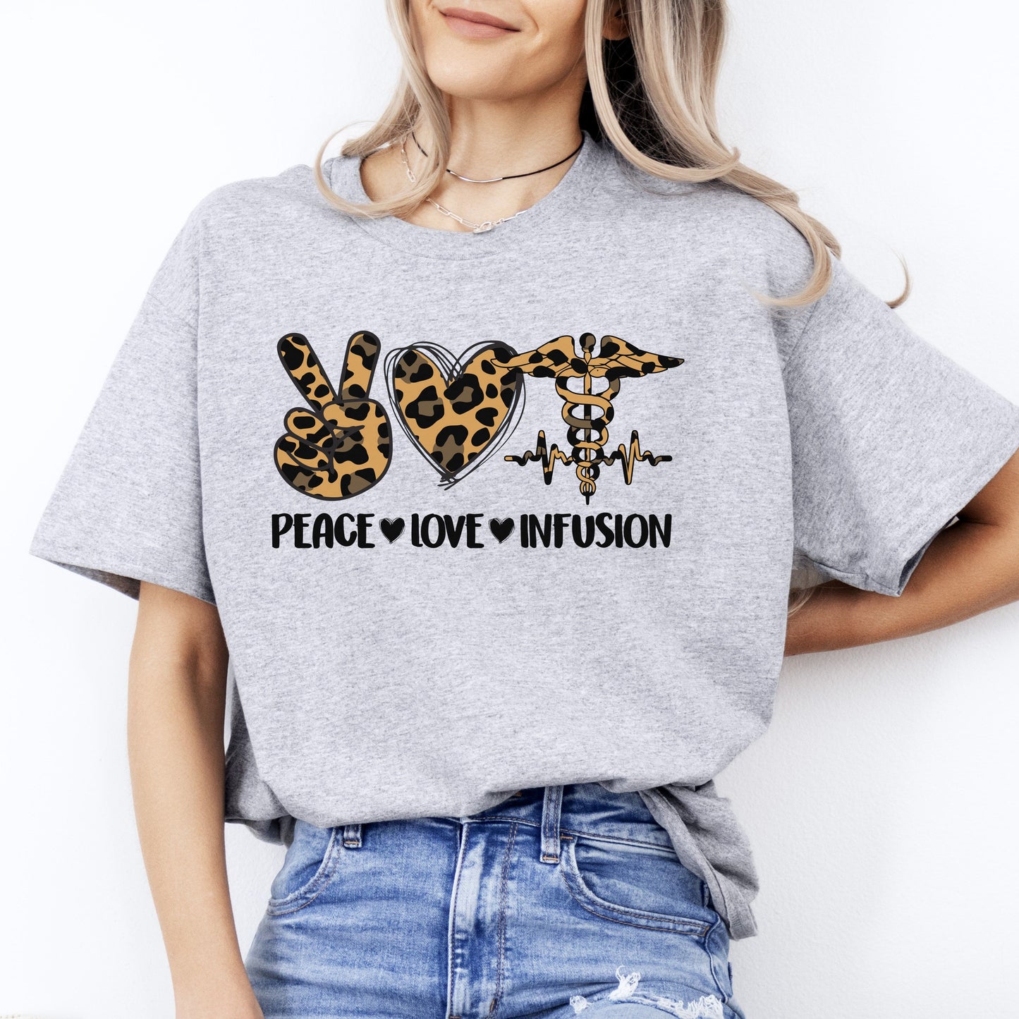 Peace Love Infusion T-Shirt Leopard skin Oncology Infusion Nurse Unisex Tee Sand White Sport Grey-Sport Grey-Family-Gift-Planet