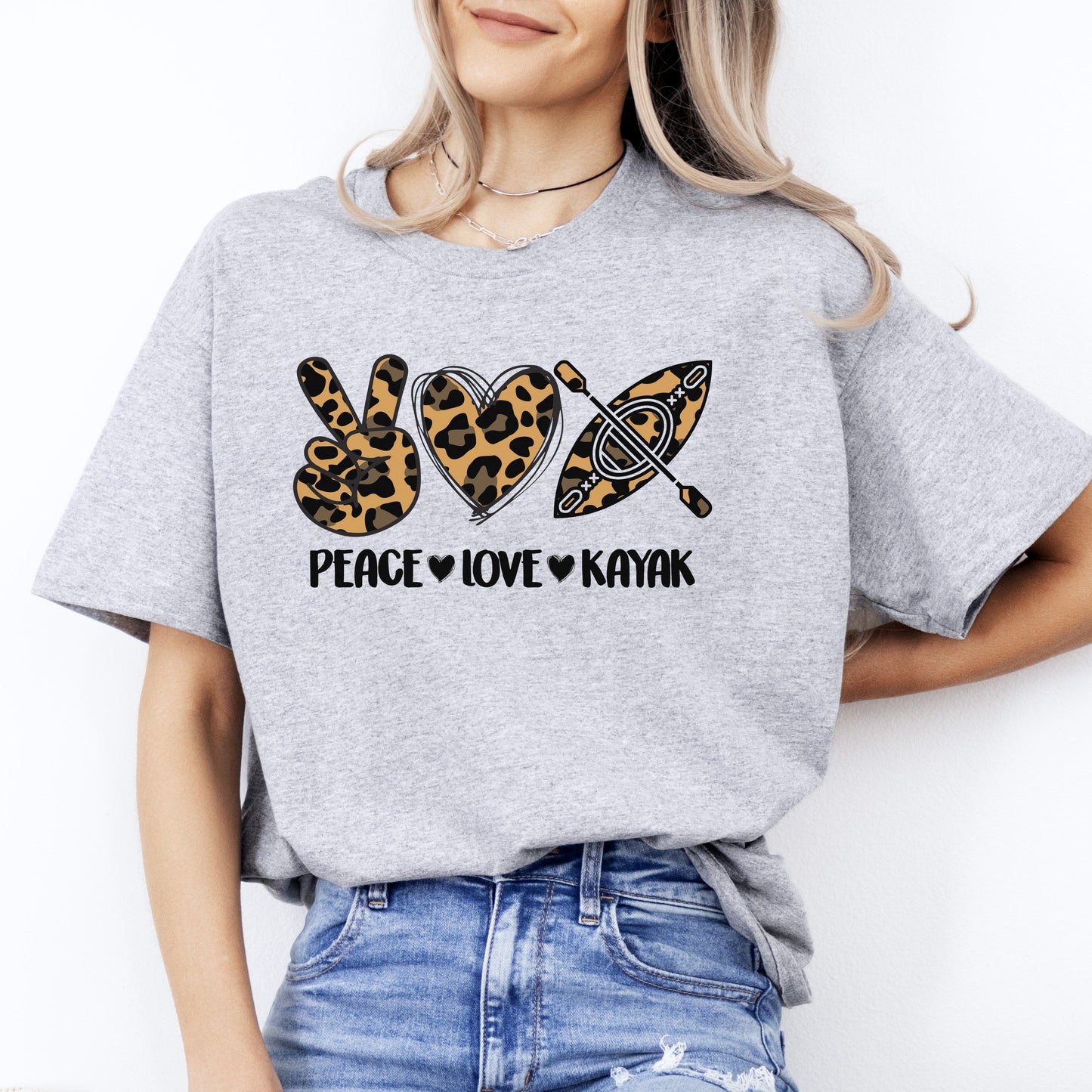 Peace Love Kayak T-Shirt Leopard skin Kayaker kayaking lover Unisex Tee Sand White Sport Grey-Sport Grey-Family-Gift-Planet