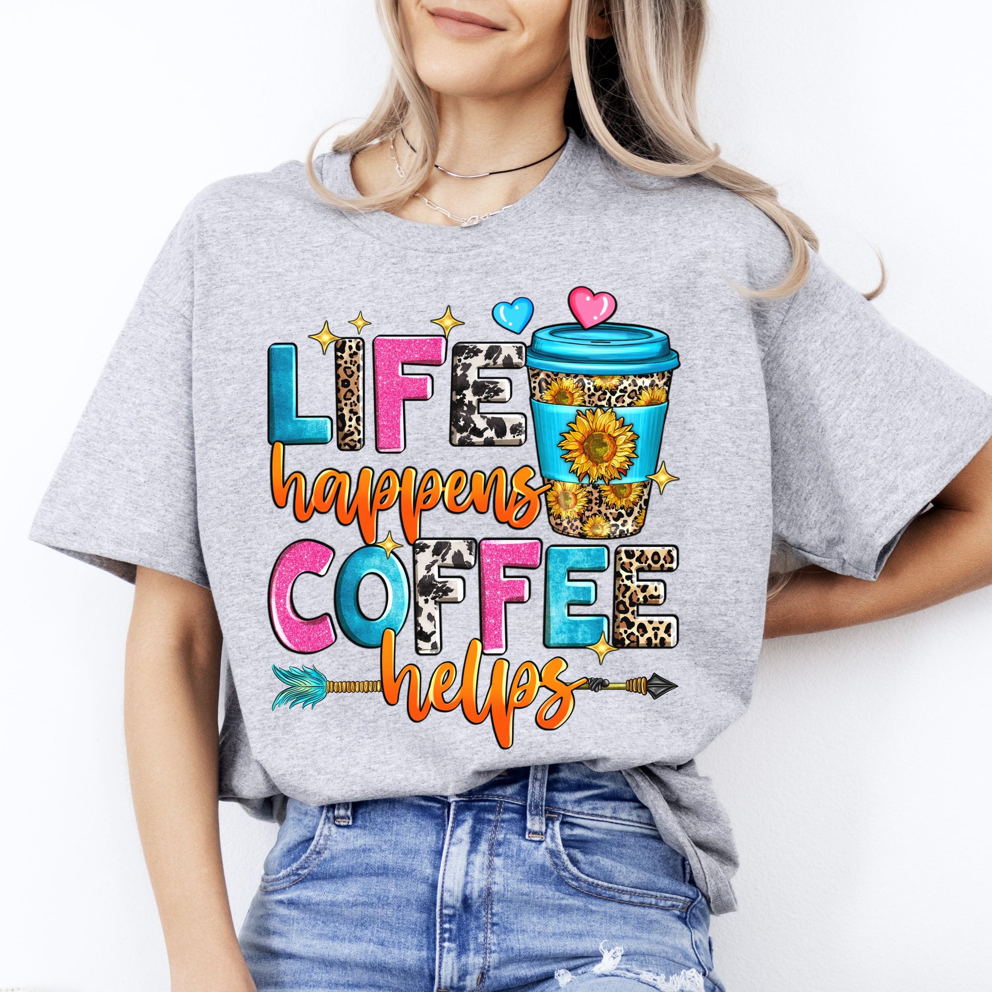 Life happens coffee helps T-Shirt gift Western summer coffee lover Unisex Tee Sand White Sport Grey-Sport Grey-Family-Gift-Planet