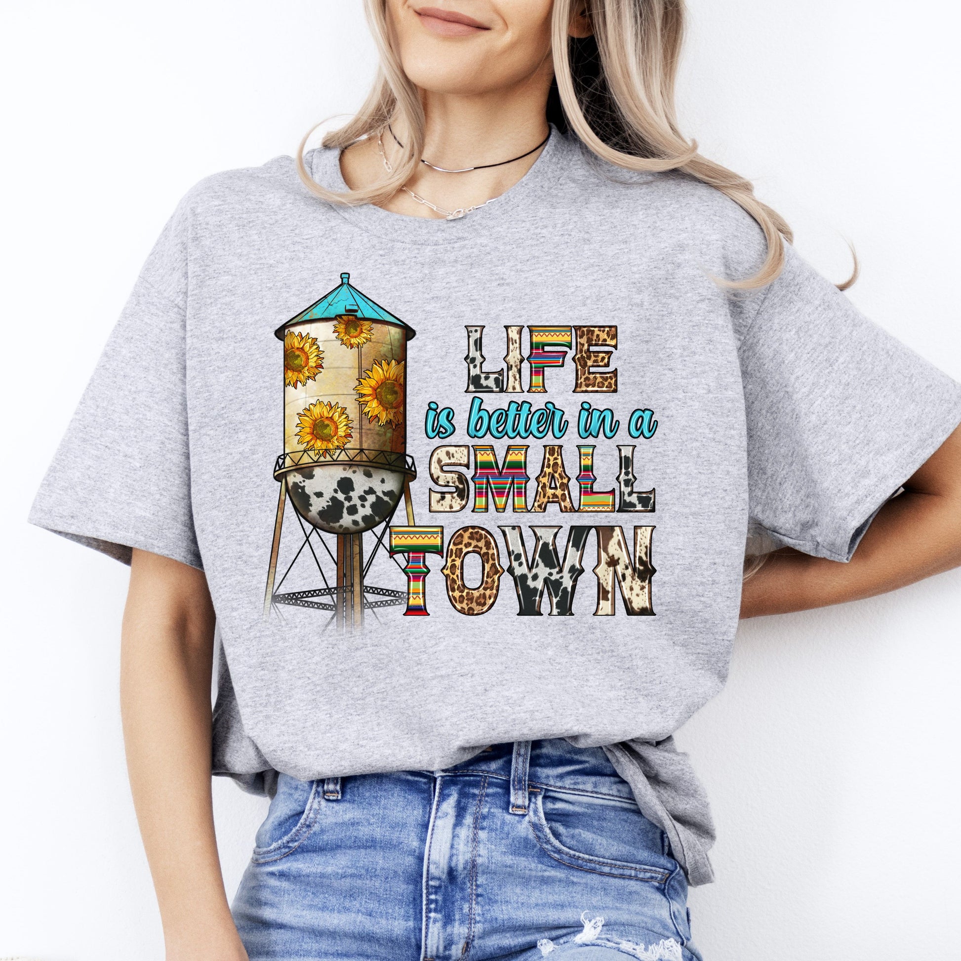 Life is better in a small town T-Shirt gift Western sunflowers small town girl Unisex Tee Sand White Sport Grey-Sport Grey-Family-Gift-Planet