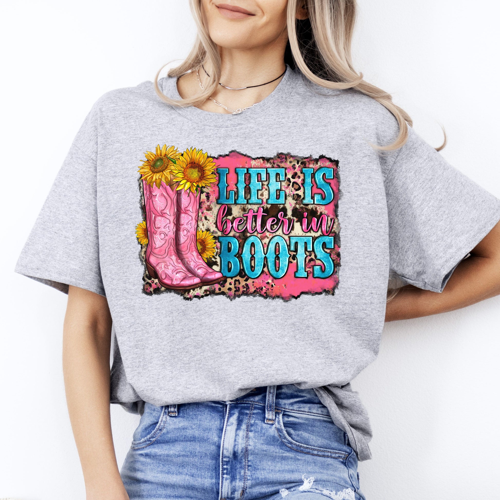 Life is better in boots T-Shirt gift Western cowgirl Unisex Tee Sand White Sport Grey-Sport Grey-Family-Gift-Planet