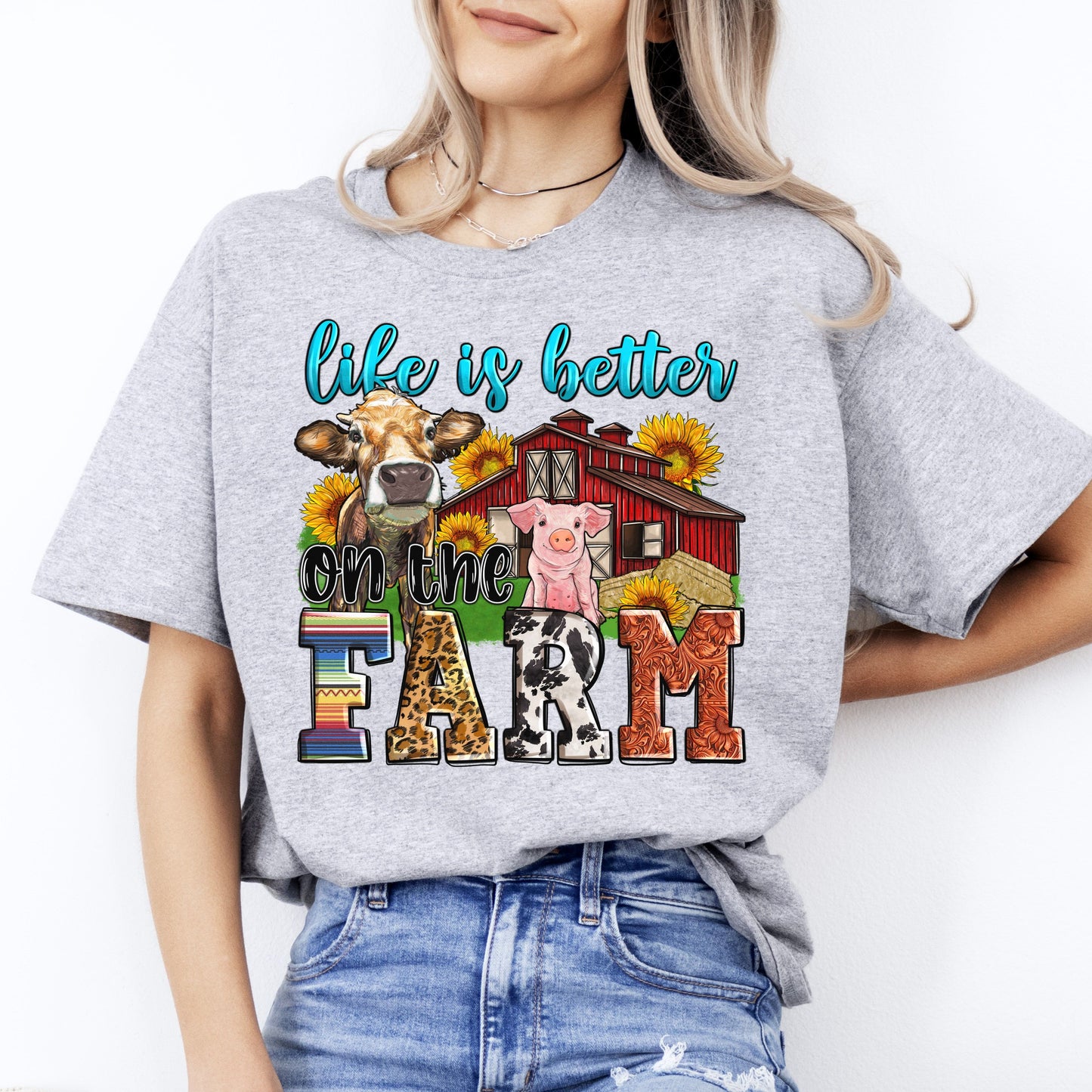 Life is better on the farm T-Shirt gift Cow pig farmer girl Unisex Tee Sand White Sport Grey-Sport Grey-Family-Gift-Planet