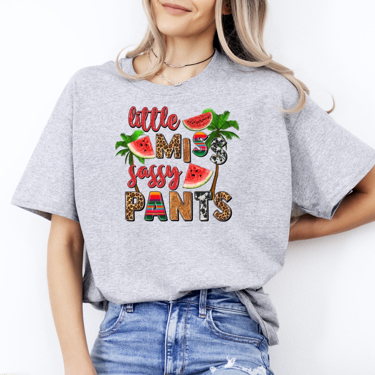 Little miss sassy pants T-Shirt gift Summer palms Watermelon Unisex Tee Sand White Sport Grey-Sport Grey-Family-Gift-Planet