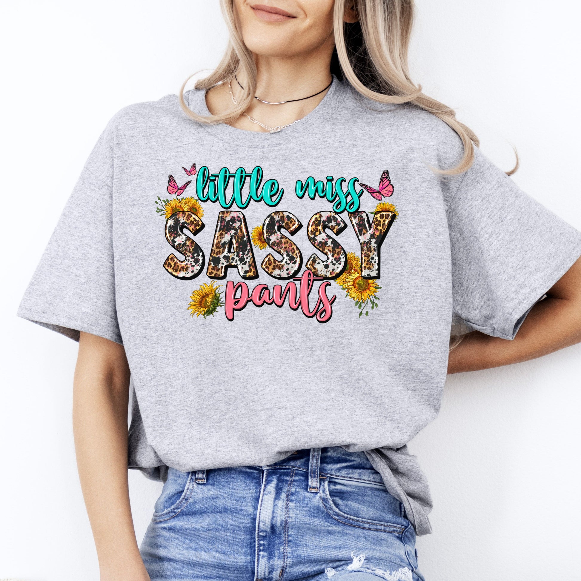 Little miss sassy pants T-Shirt gift sunflowers butterfly girl Unisex Tee Sand White Sport Grey-Sport Grey-Family-Gift-Planet