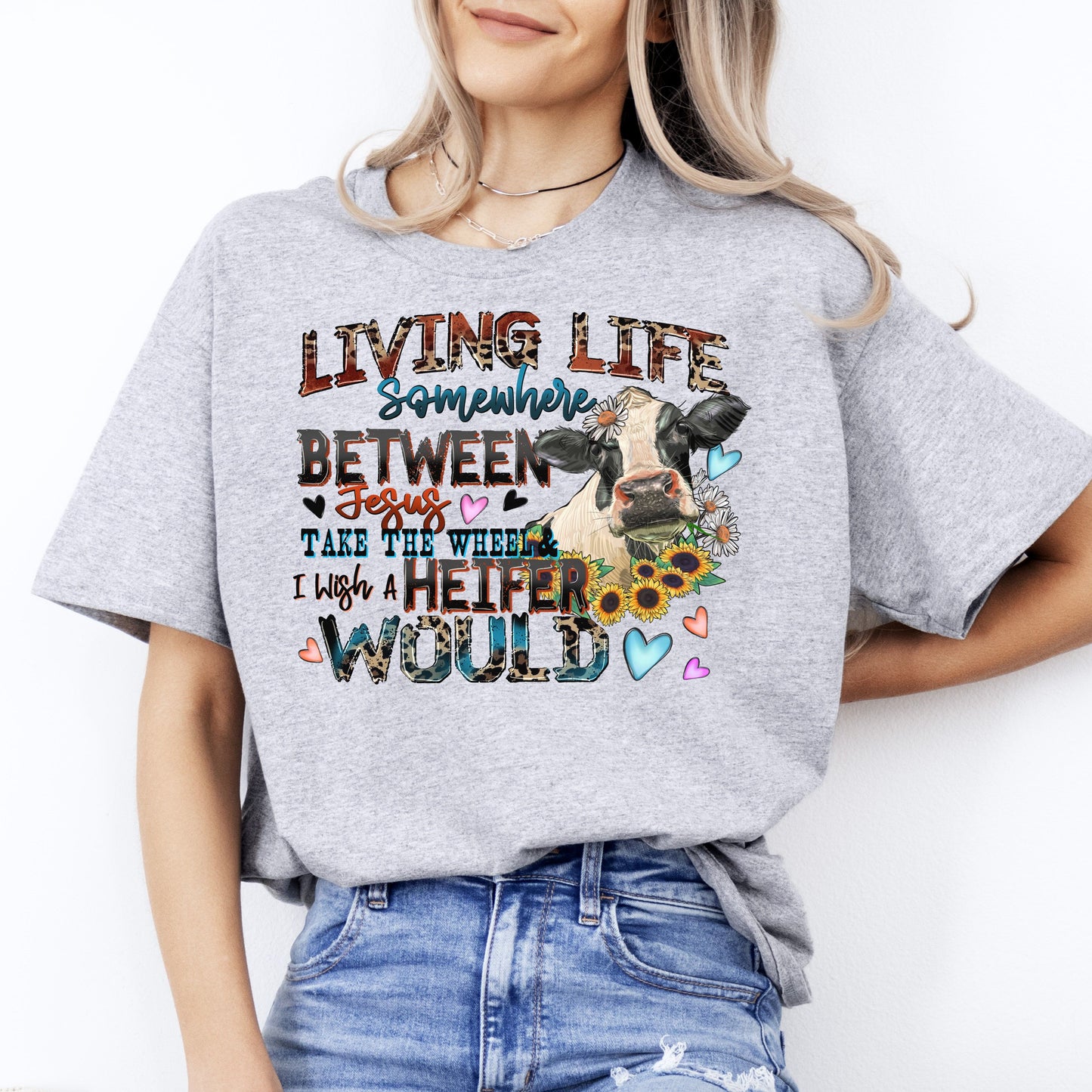 Living life somewhere between Jesus take the wheel T-Shirt gift Farm girl Unisex Tee Sand White Sport Grey-Sport Grey-Family-Gift-Planet