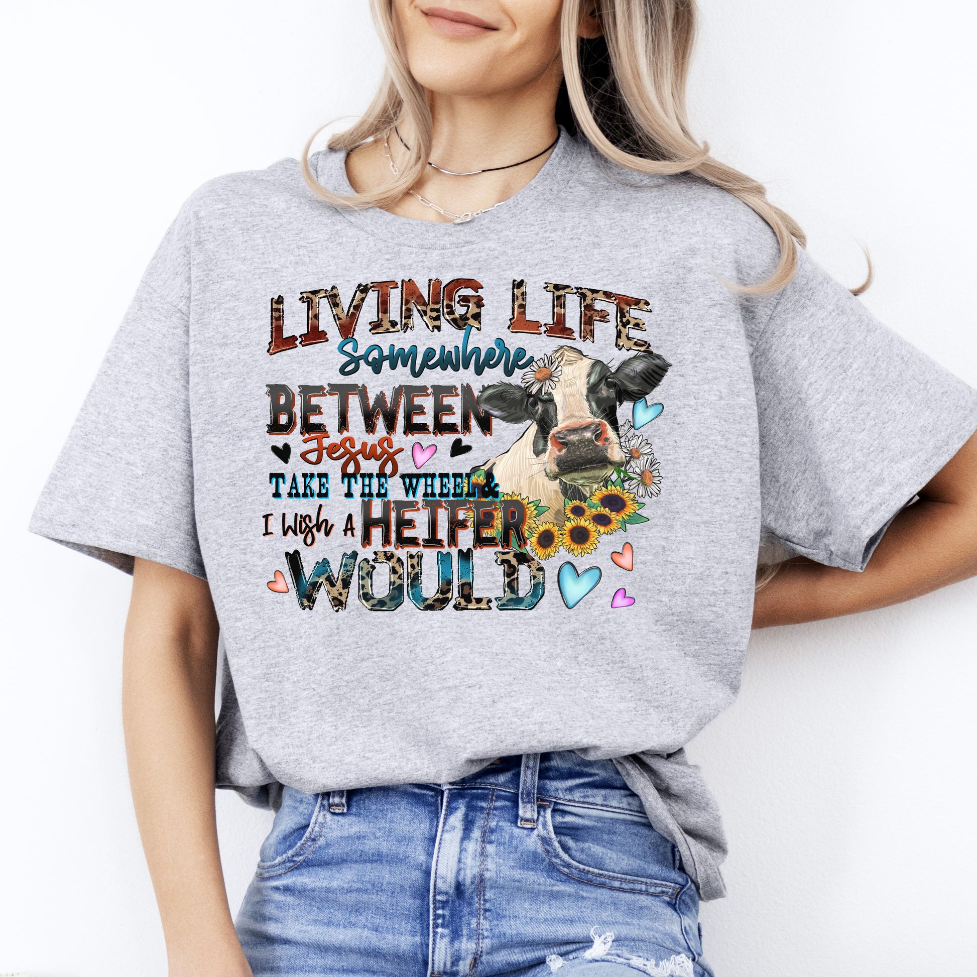 Living life somewhere between Jesus take the wheel T-Shirt gift Farm girl Unisex Tee Sand White Sport Grey-Sport Grey-Family-Gift-Planet