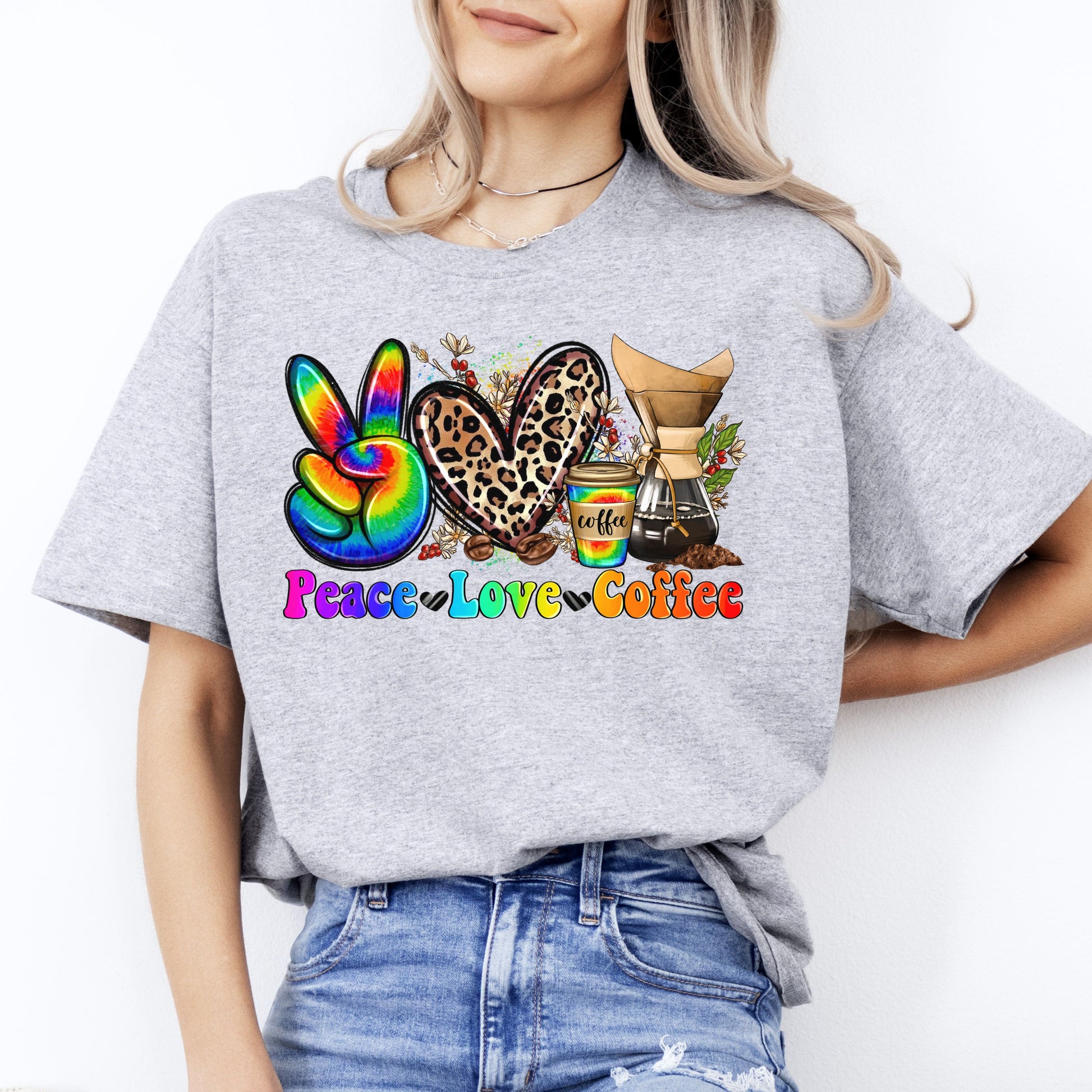 Peace Love Coffee T-shirt gift Coffee lover rainbow colorful leopard heart tee-Sport Grey-Family-Gift-Planet