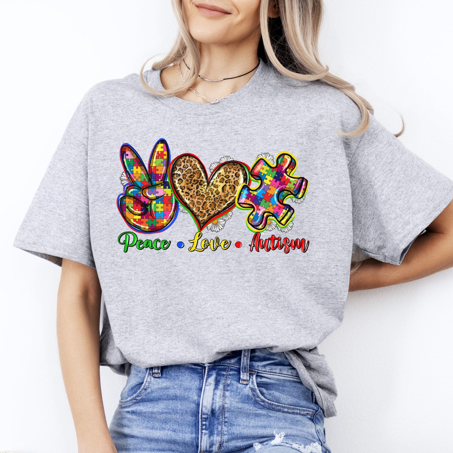 Peace Love Autism T-shirt gift Autist mom autism awareness tee-Sport Grey-Family-Gift-Planet