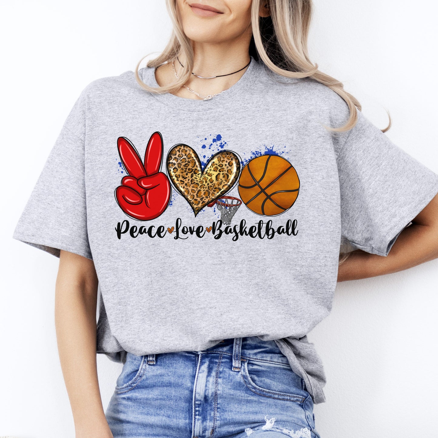 Peace Love Basketball T-shirt gift Basketball mom leopard skin heart tee-Sport Grey-Family-Gift-Planet