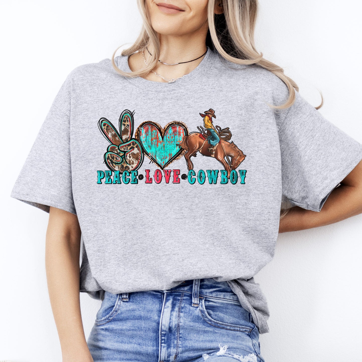 Peace Love Cowboy T-shirt gift Western Texas rodeo cowboy tee-Sport Grey-Family-Gift-Planet