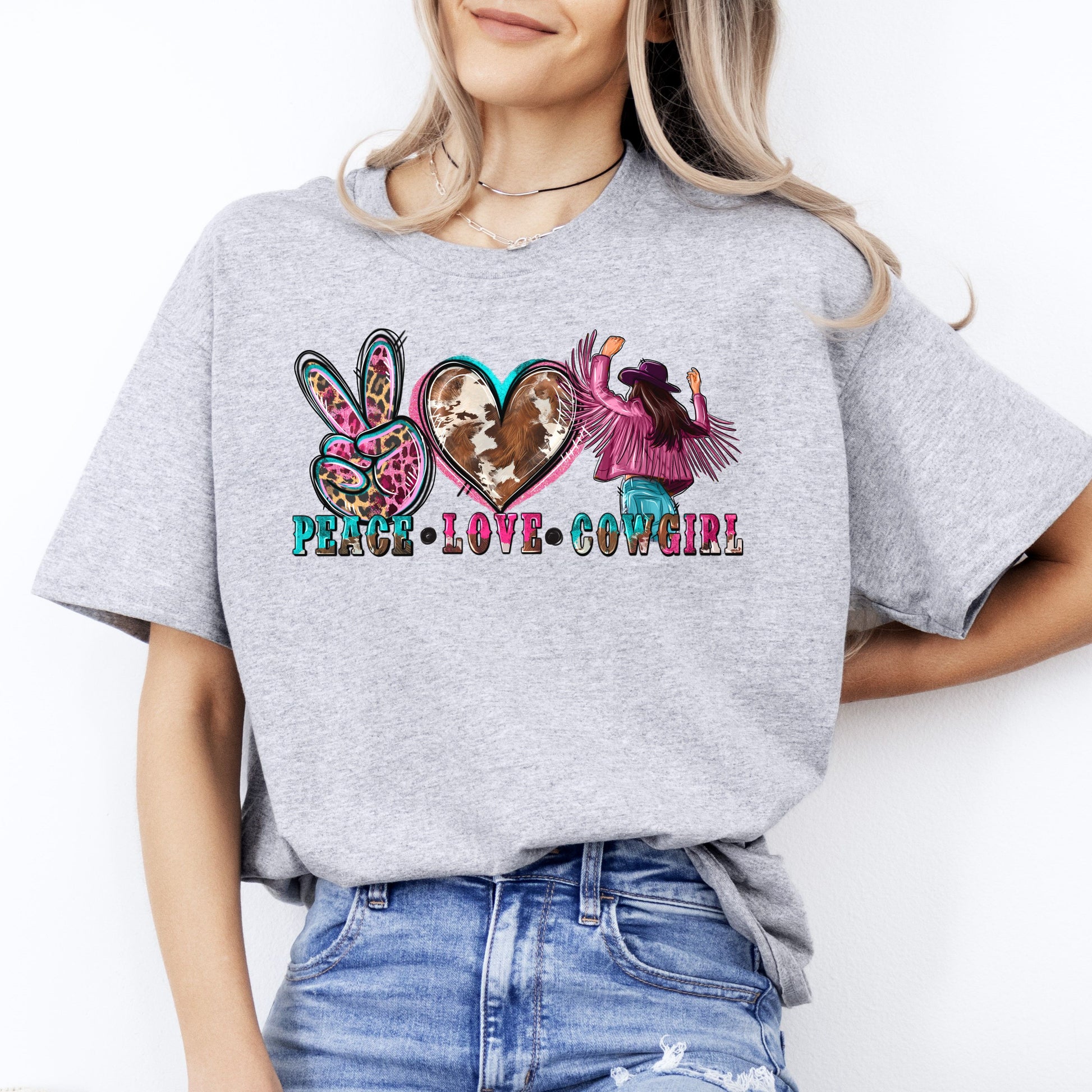 Peace Love Cowgirl T-shirt gift Texas Western cowgirl leopard skin heart tee-Sport Grey-Family-Gift-Planet