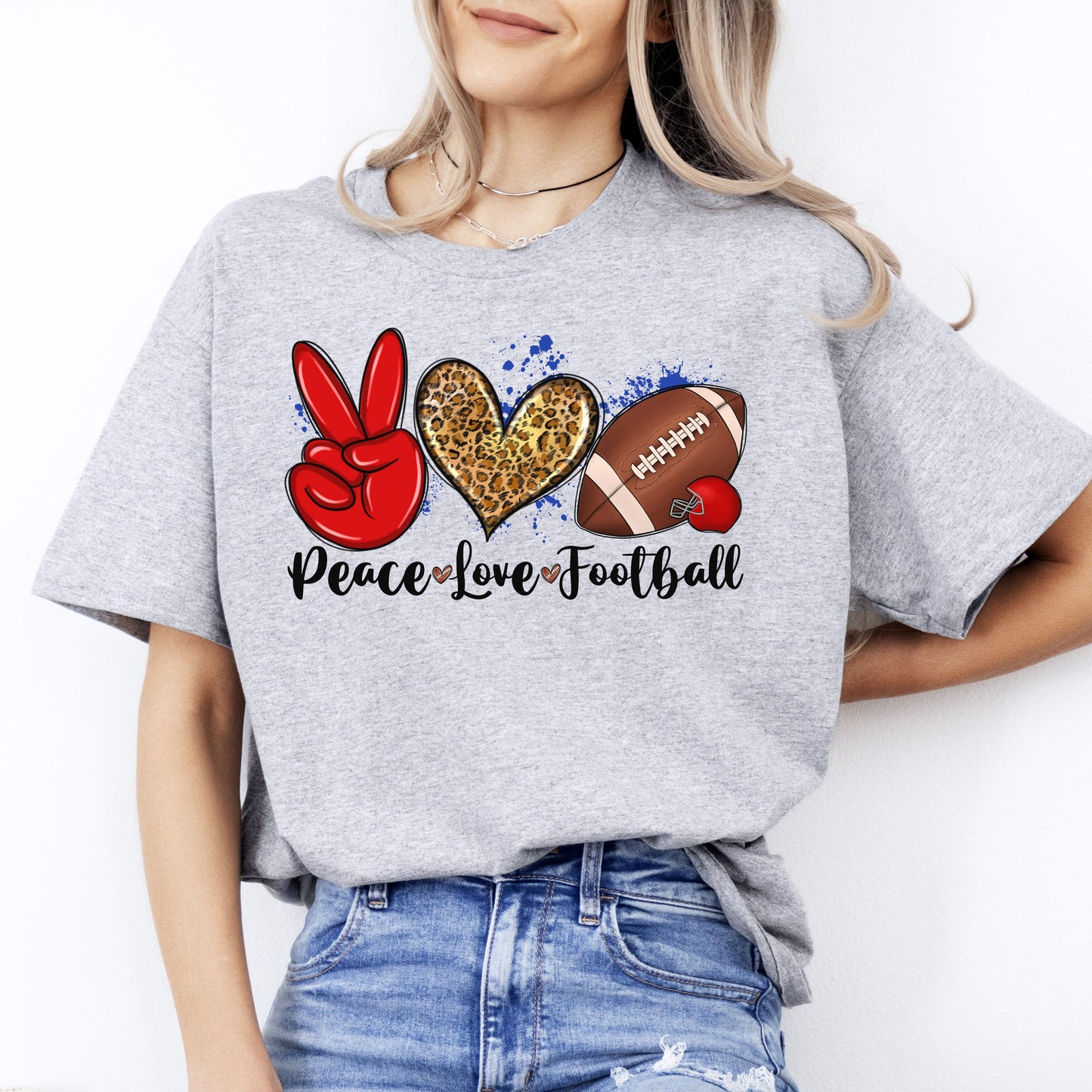 Peace Love Football T-shirt gift Football mama leopard skin heart tee-Sport Grey-Family-Gift-Planet