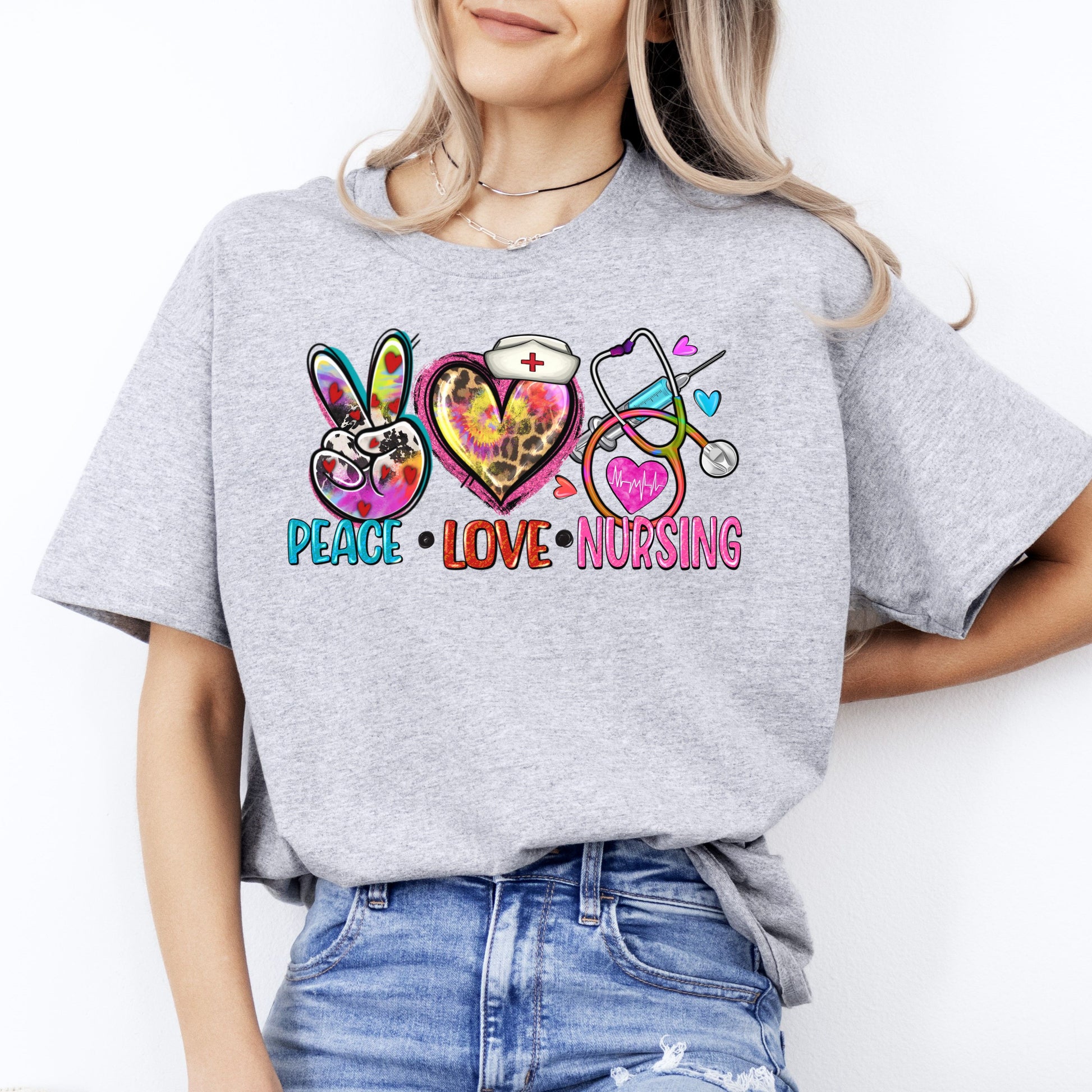 Peace Love Nursing T-shirt gift cute Registered Nurse Practitioner tee-Sport Grey-Family-Gift-Planet