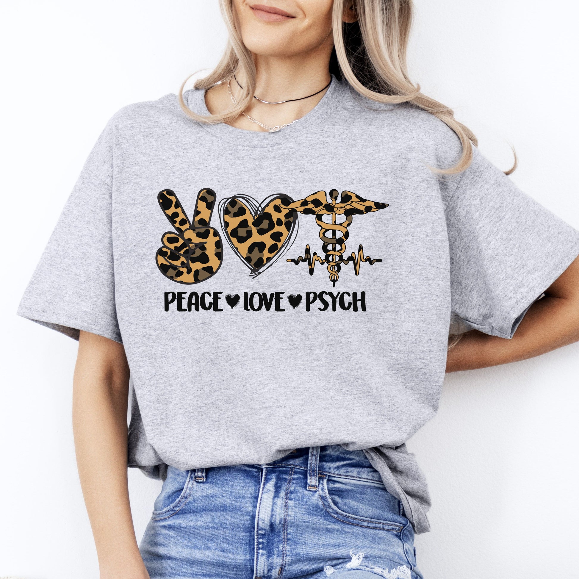 Peace Love Psych T-Shirt Leopard skin Mental Health nurse psychologist Unisex Tee Sand White Sport Grey-Sport Grey-Family-Gift-Planet