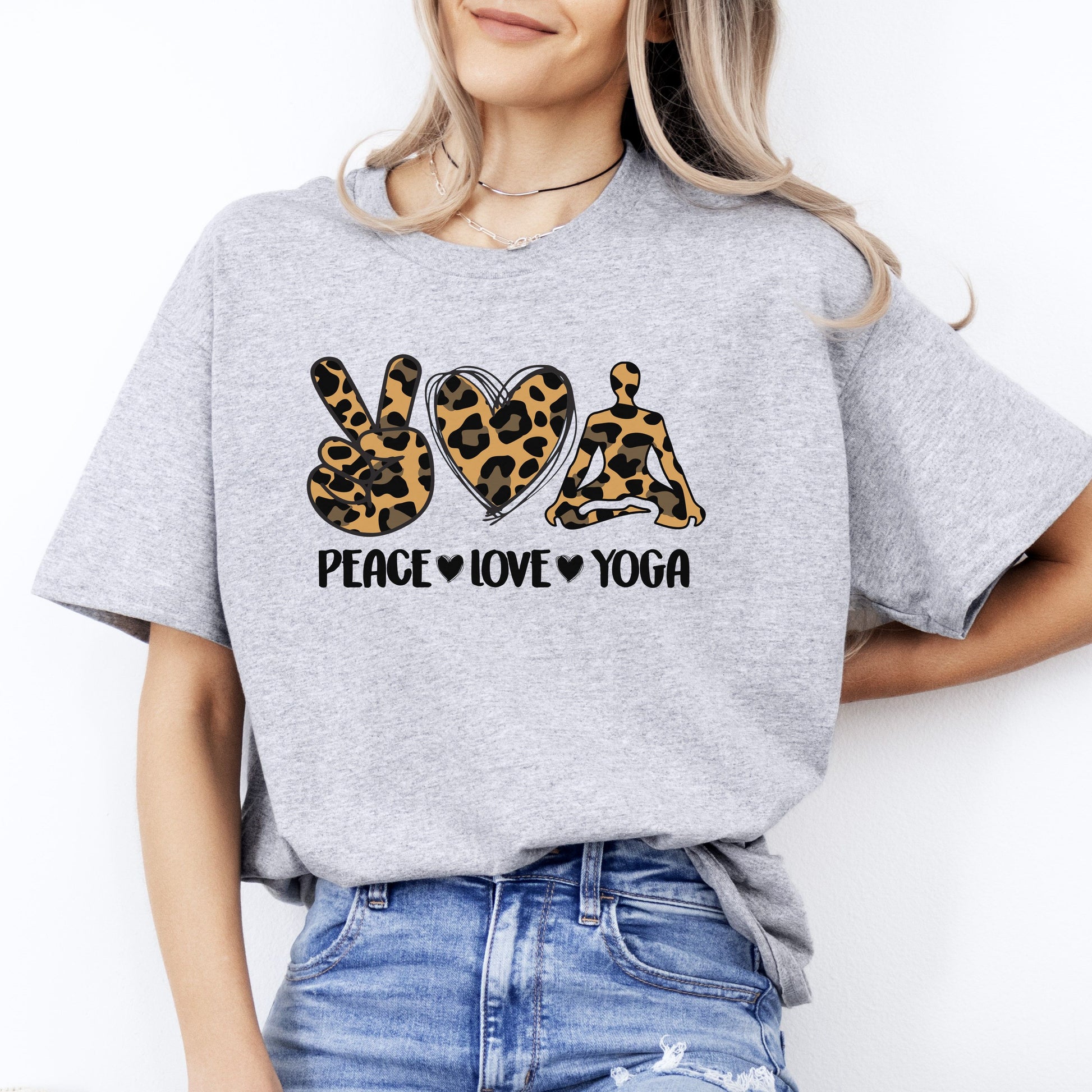 Peace Love Yoga T-Shirt Leopard skin Meditation Yoga Teacher Unisex Tee Sand White Sport Grey-Sport Grey-Family-Gift-Planet
