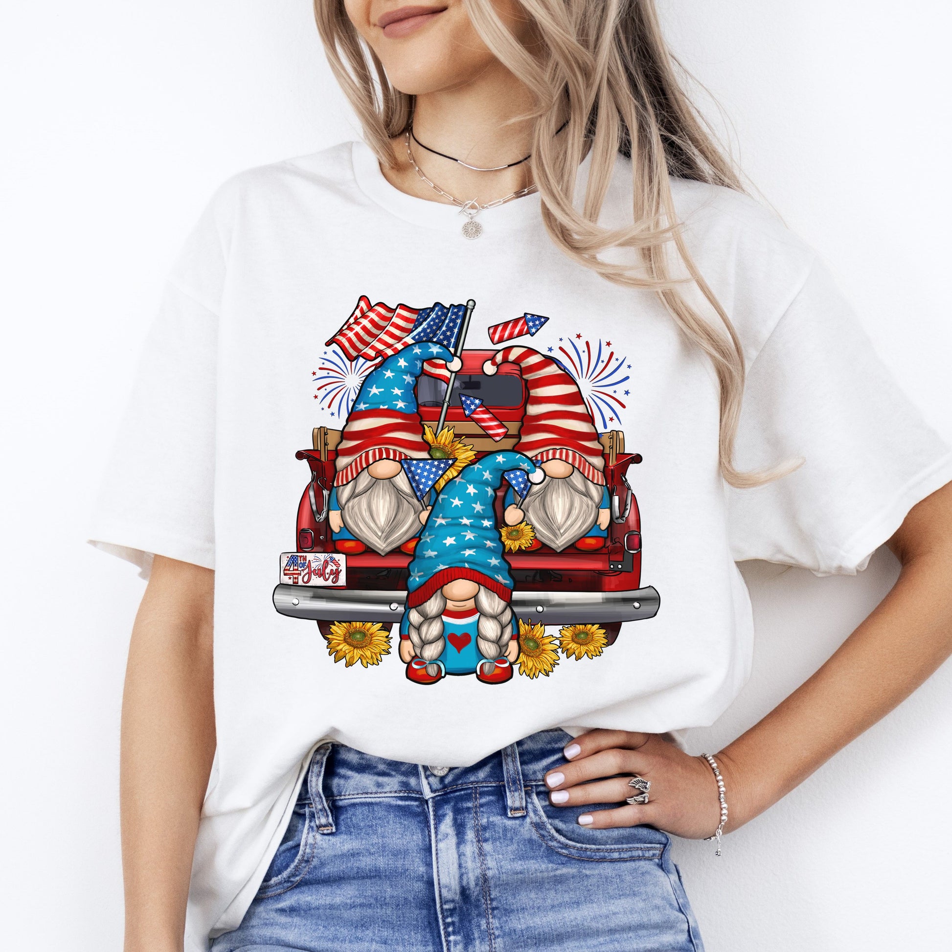 4th of July Gnomes on track T-Shirt USA patriotic independence day Unisex tee White Sand Grey-White-Family-Gift-Planet