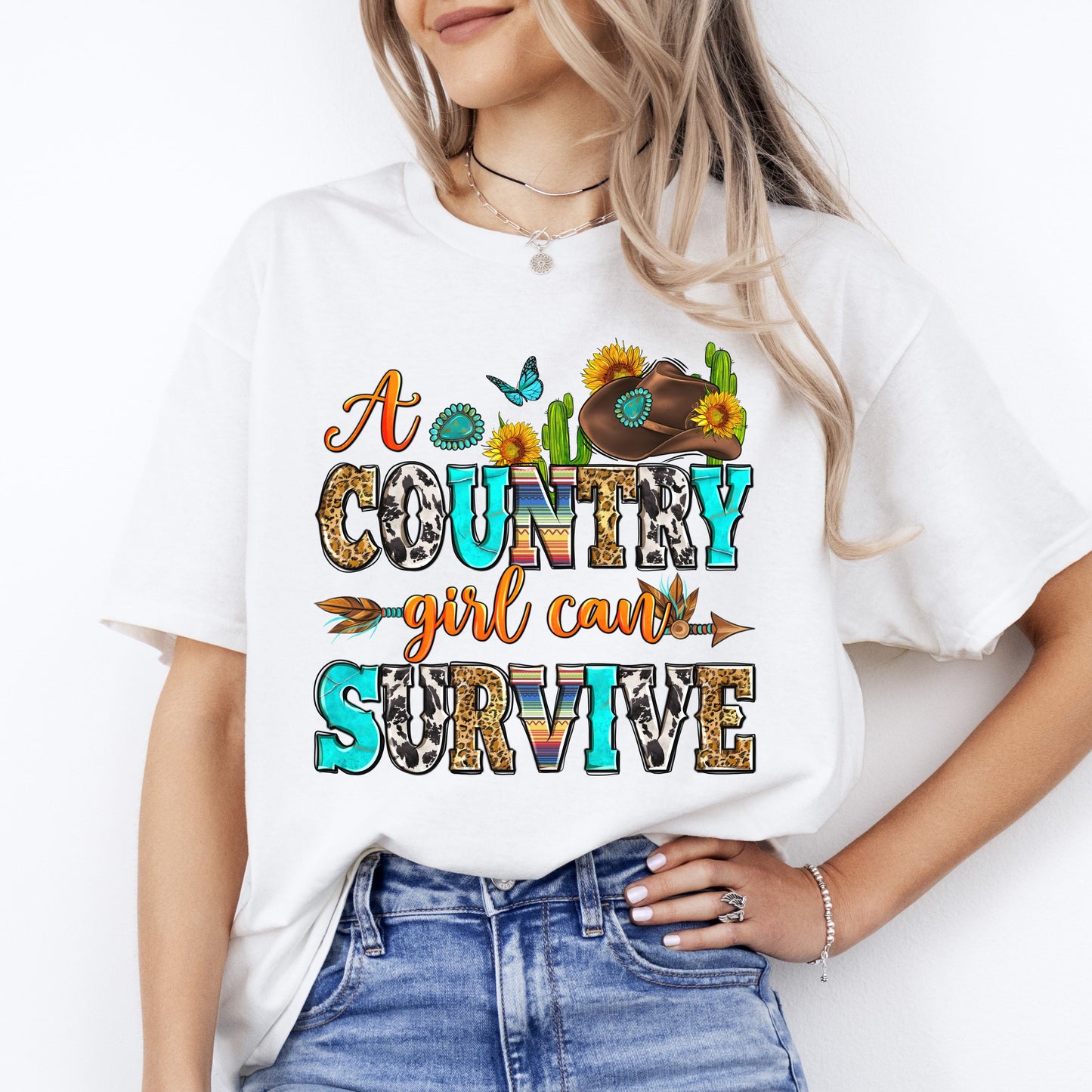 A country girl can survive T-Shirt Texas Western girl Unisex tee White Sand Grey-White-Family-Gift-Planet