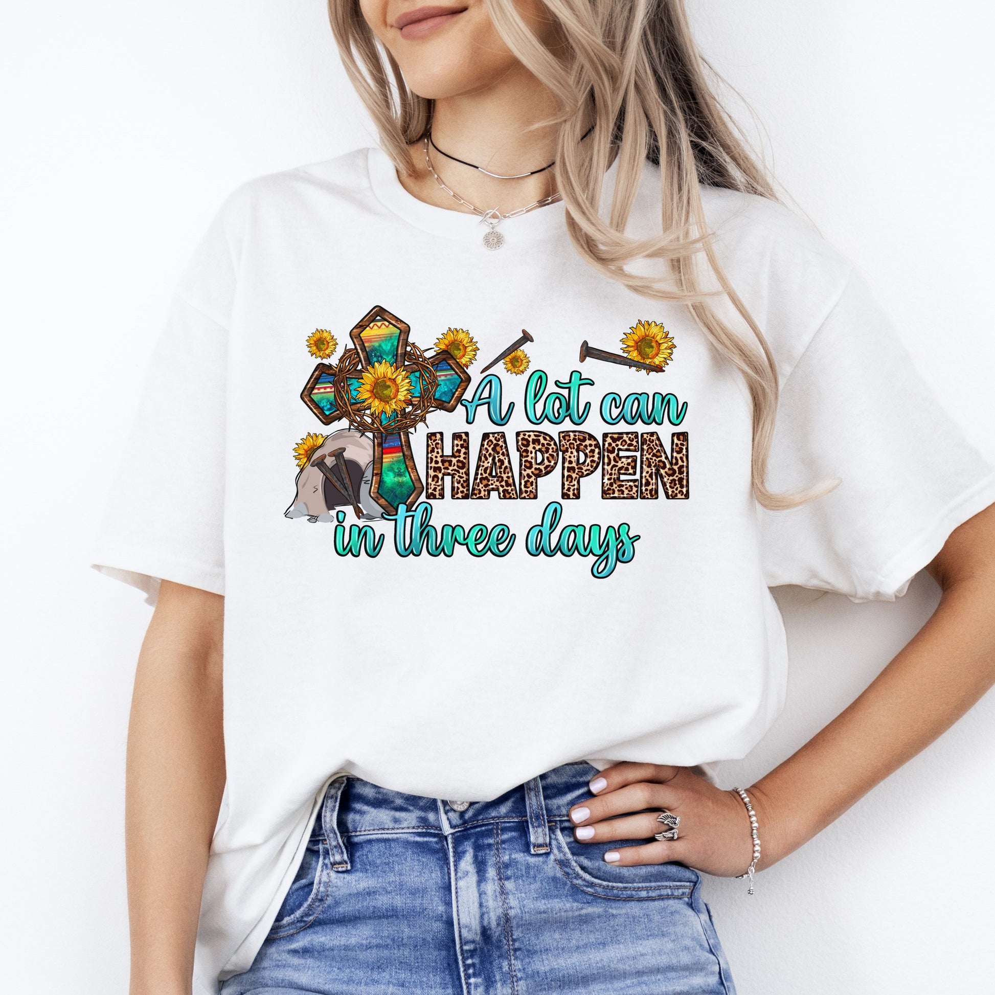 Easter T-Shirt A lot can happen in three days Unisex tee White Sand Grey-White-Family-Gift-Planet