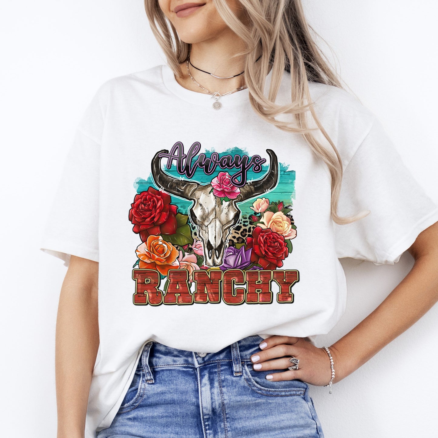 Always Ranchy T-Shirt Texas Western highland cow skull Rancher Unisex tee White Sand Grey-White-Family-Gift-Planet