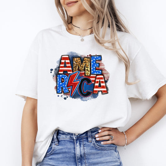 America lightning bolt T-Shirt US flag America July 4th Unisex tee White Sand Grey-White-Family-Gift-Planet