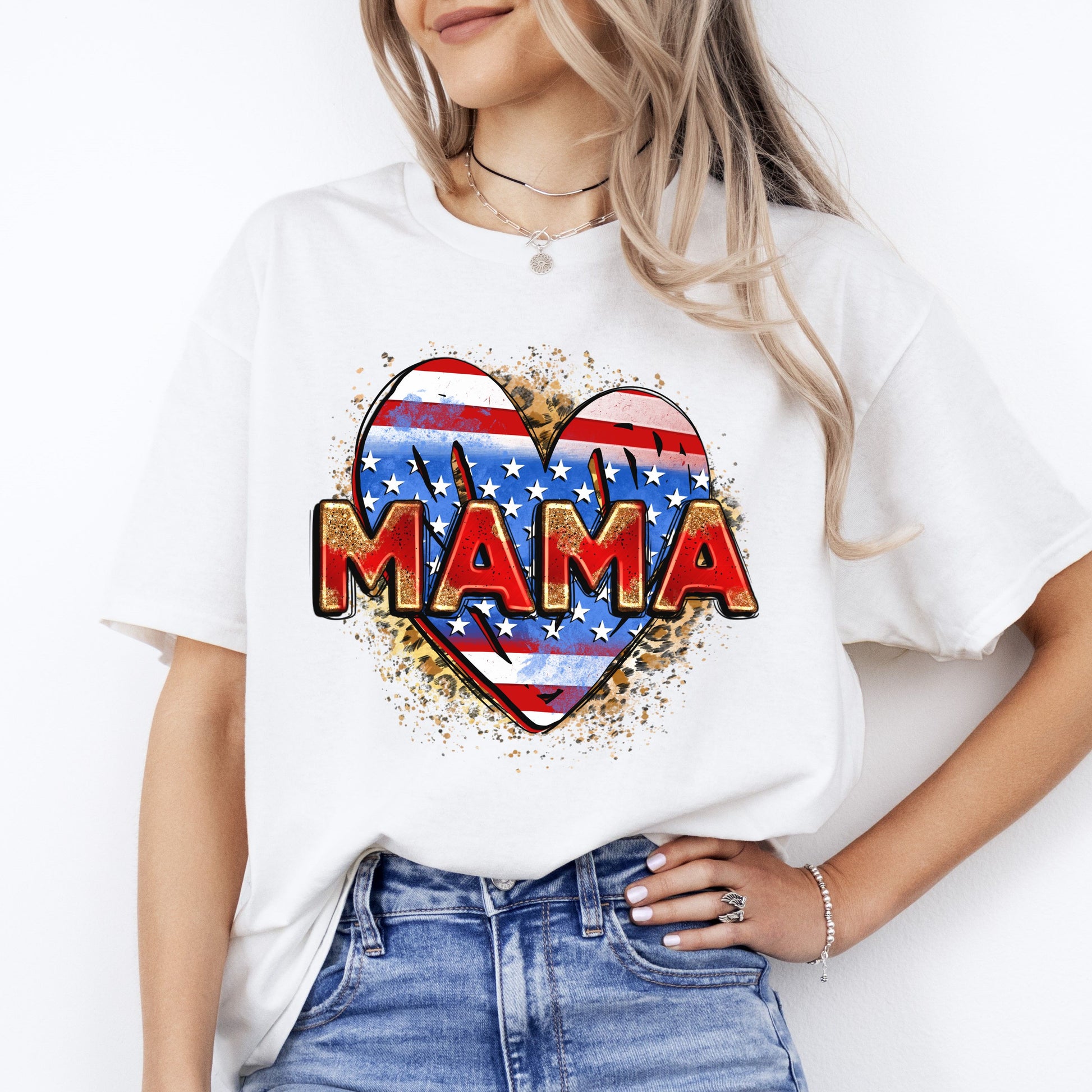 American Mama heart T-Shirt US flag heart mom Unisex tee White Sand Grey-White-Family-Gift-Planet