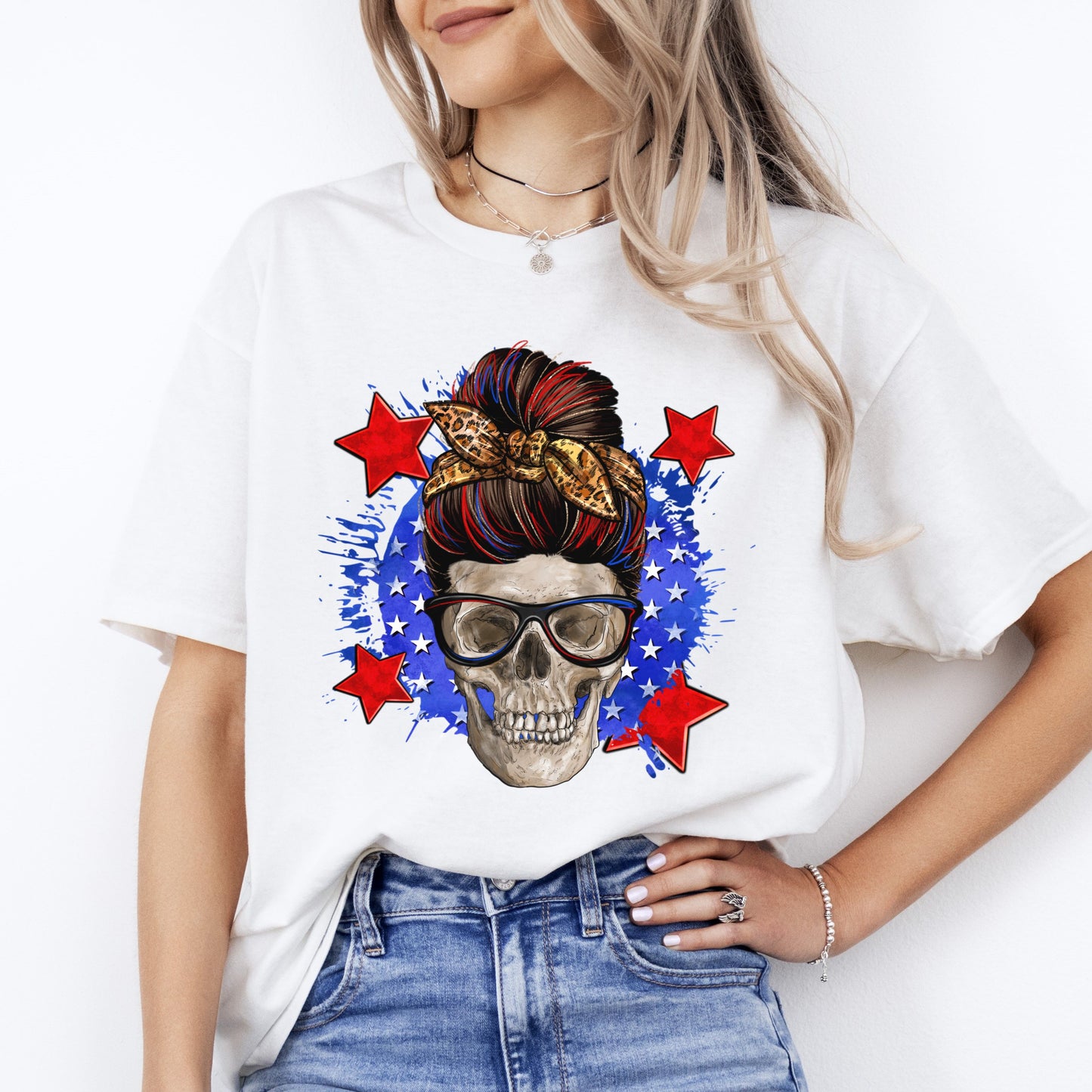 American mom skull T-Shirt July 4th skull mama Unisex tee White Sand Grey-White-Family-Gift-Planet