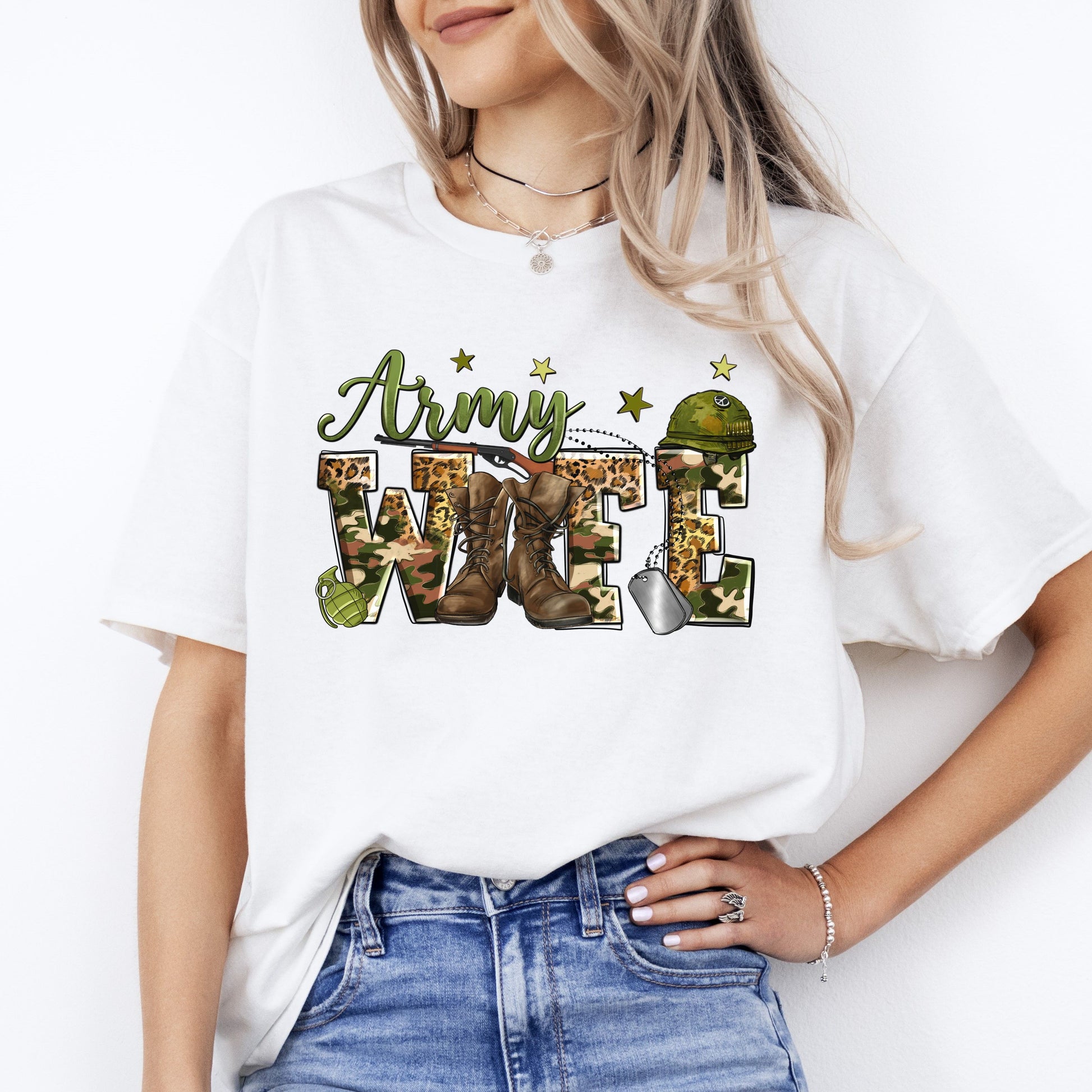 Army Wife T-Shirt Western Leopard skin Military Wife Unisex tee White Sand Grey-White-Family-Gift-Planet