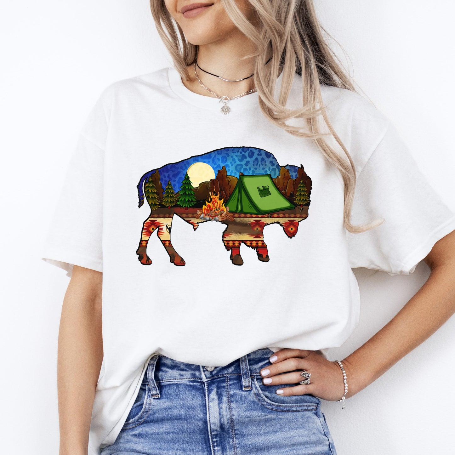 Buffalo tribe camp T-Shirt Buffalo tent bonfire camping Unisex tee White Sand Sport Grey-White-Family-Gift-Planet