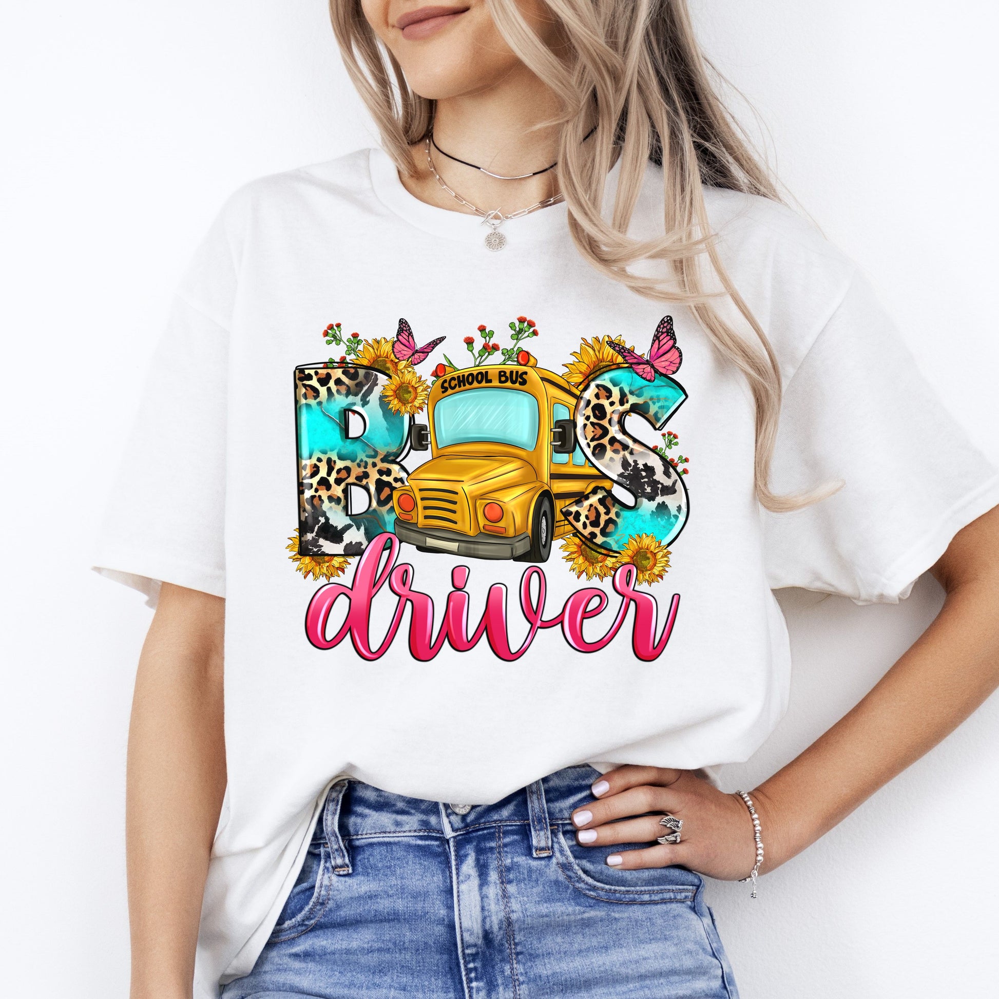 School Bus Driver T-Shirt sunflower leopard skin bus driver Unisex tee White Sand Sport Grey-White-Family-Gift-Planet