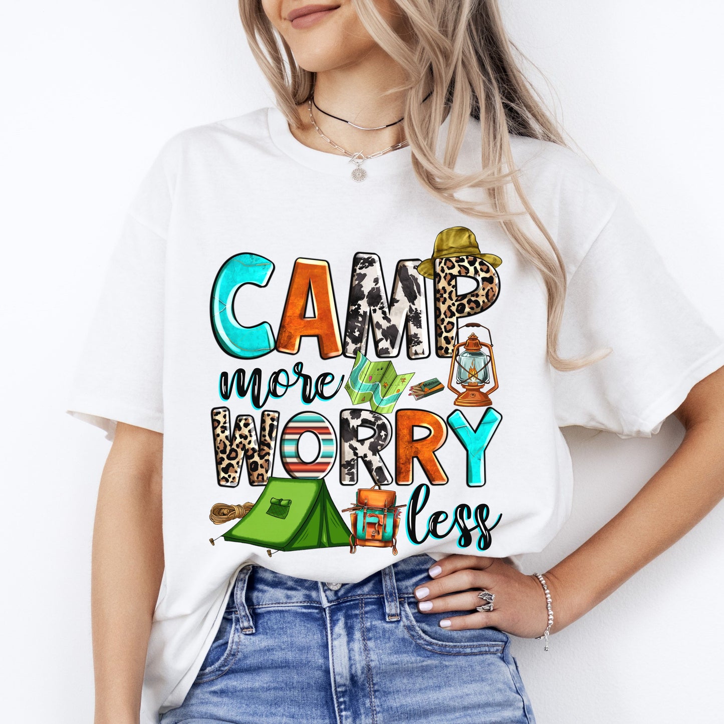 Camp more worry less T-Shirt Camper Unisex tee White Sand Sport Grey-White-Family-Gift-Planet