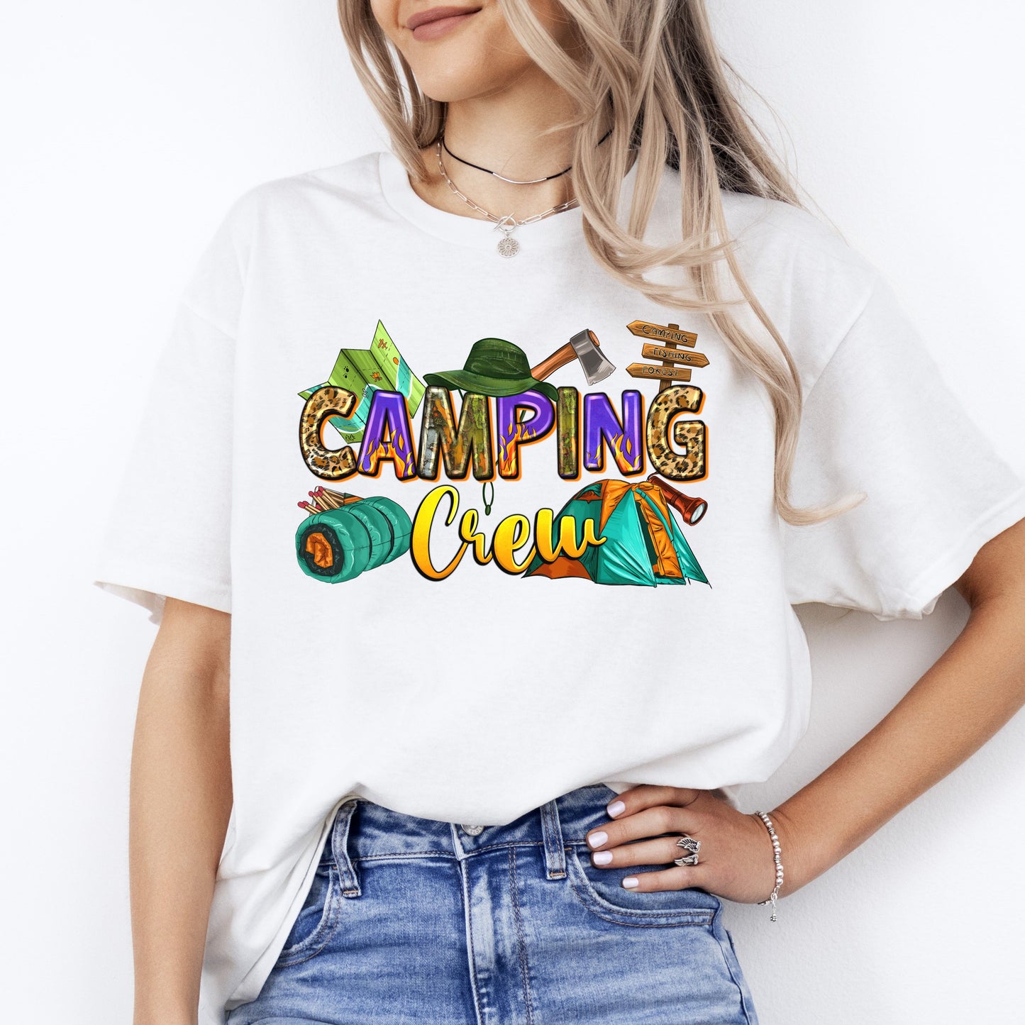 Camping crew T-Shirt Summer camp squad Unisex tee White Sand Sport Grey-White-Family-Gift-Planet