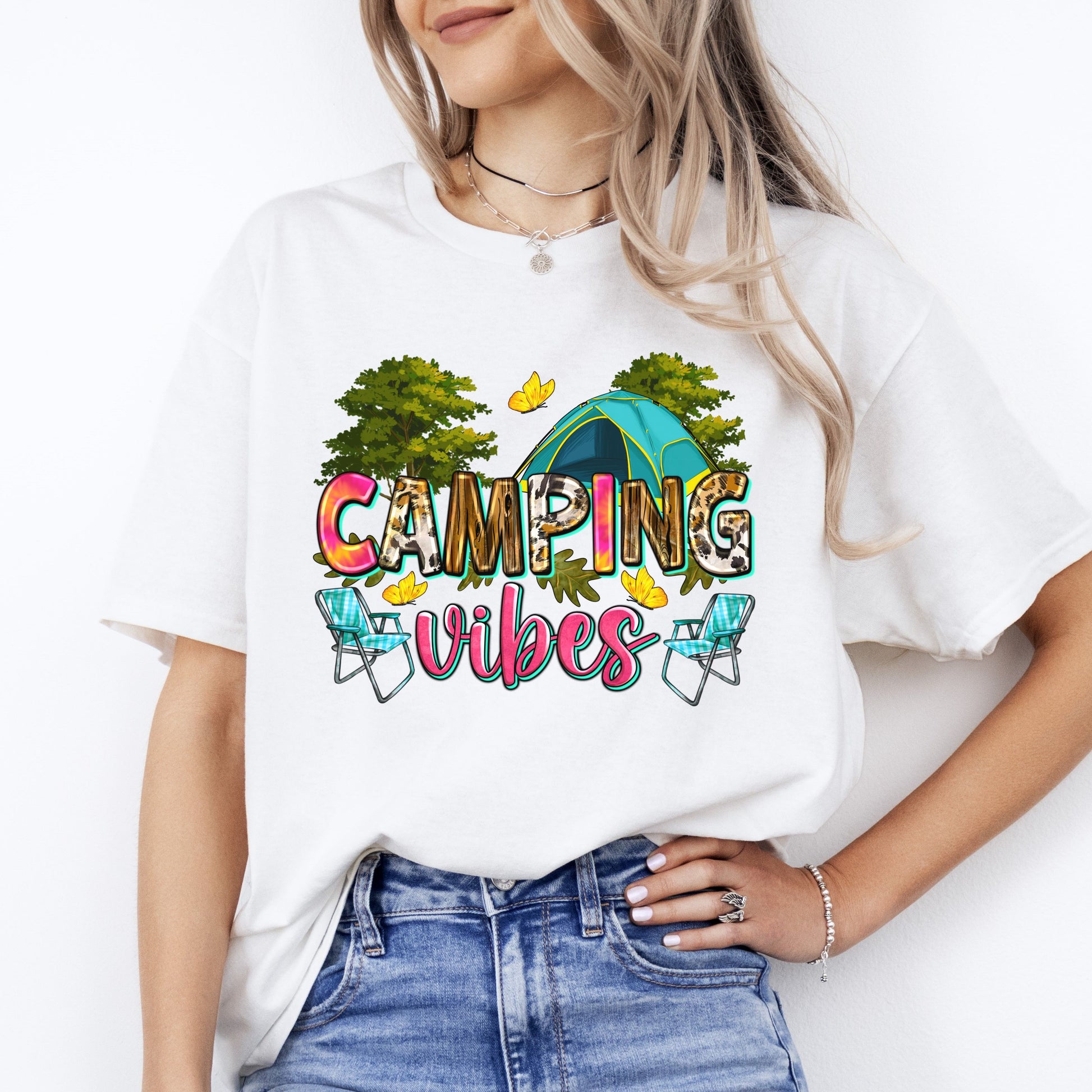 Camping vibes T-Shirt Forest tent summer camper Unisex tee White Sand Sport Grey-White-Family-Gift-Planet