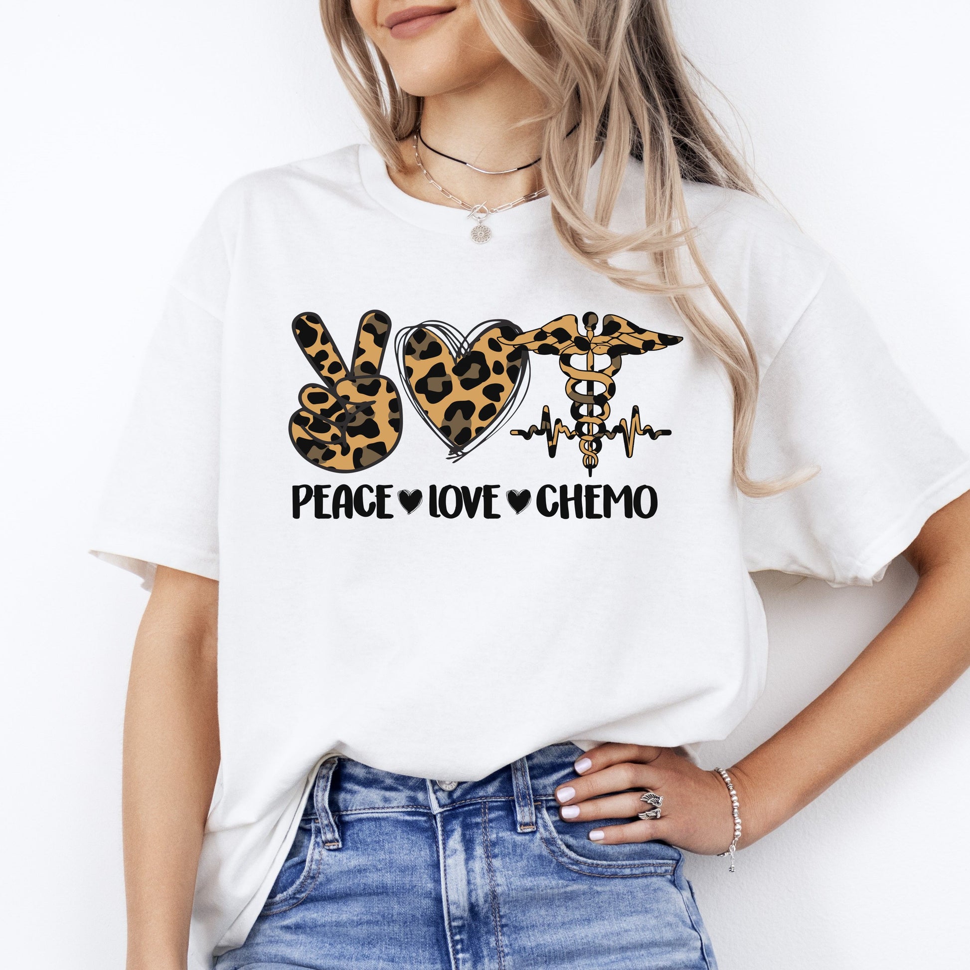 Peace Love Chemo T-Shirt Leopard skin Oncology Chemo nurse squad Unisex Tee Sand White Sport Grey-White-Family-Gift-Planet