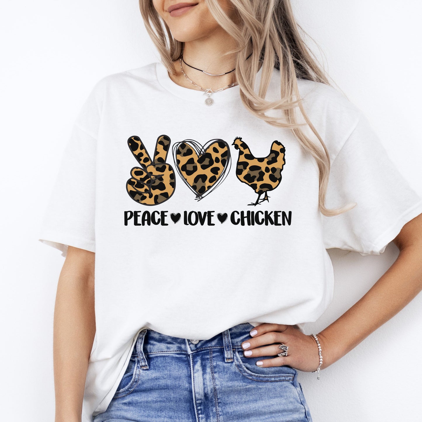 Peace Love Chicken T-Shirt Leopard skin Chicken lover farmer Unisex Tee Sand White Sport Grey-White-Family-Gift-Planet