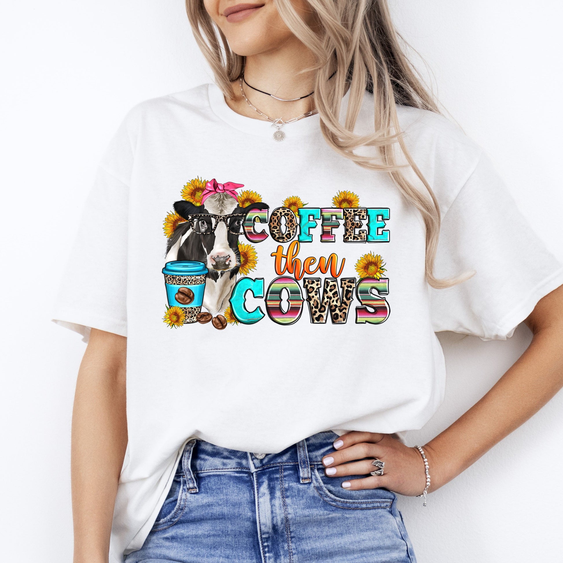 Coffee then cows T-Shirt Farmer Cow lover coffee addict Unisex tee White Sand Sport Grey-White-Family-Gift-Planet