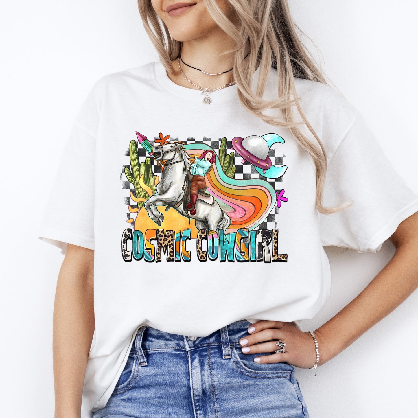 Cosmic cowgirl T-Shirt Alien Texas Western horse cowgirl Unisex tee White Sand Sport Grey-White-Family-Gift-Planet