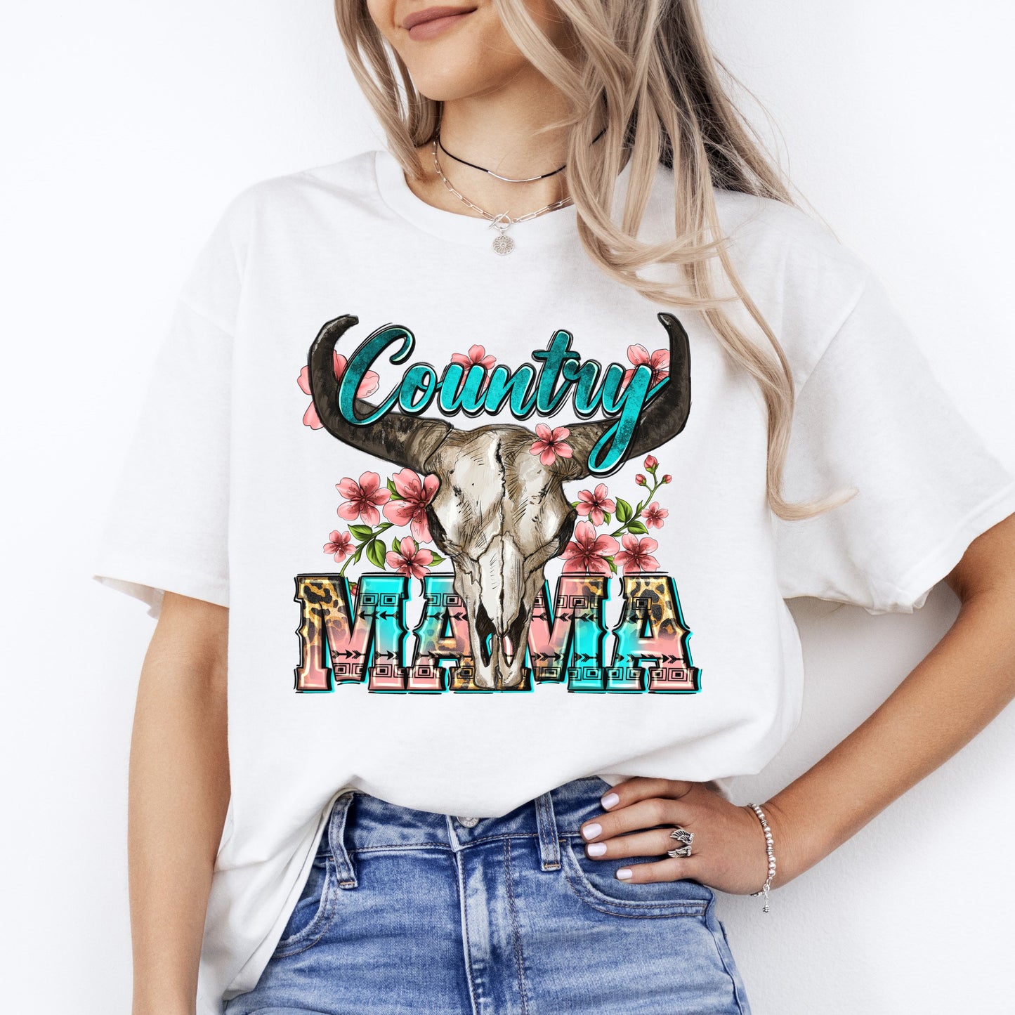 Country Mama T-Shirt Texas Western Mom buffalo skull Unisex tee White Sand Sport Grey-White-Family-Gift-Planet