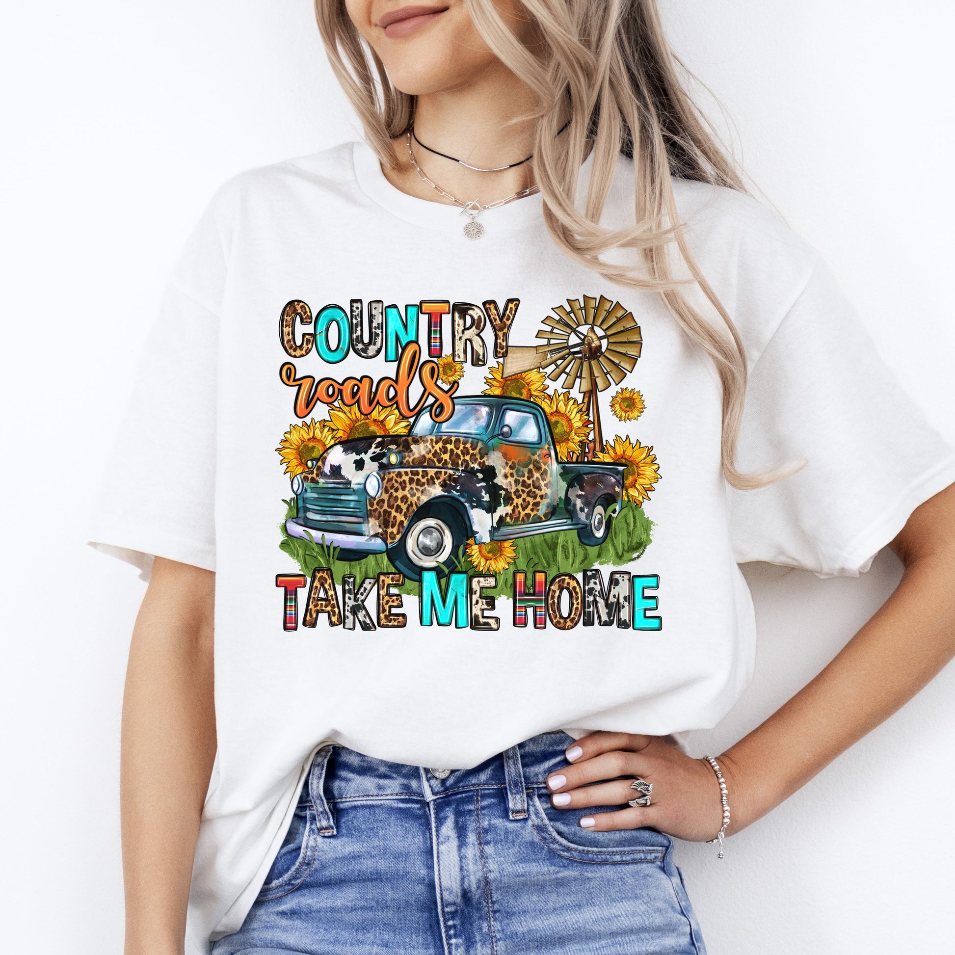 Western country track T-Shirt sunflower cow skin windmill Unisex tee White Sand Sport Grey-White-Family-Gift-Planet