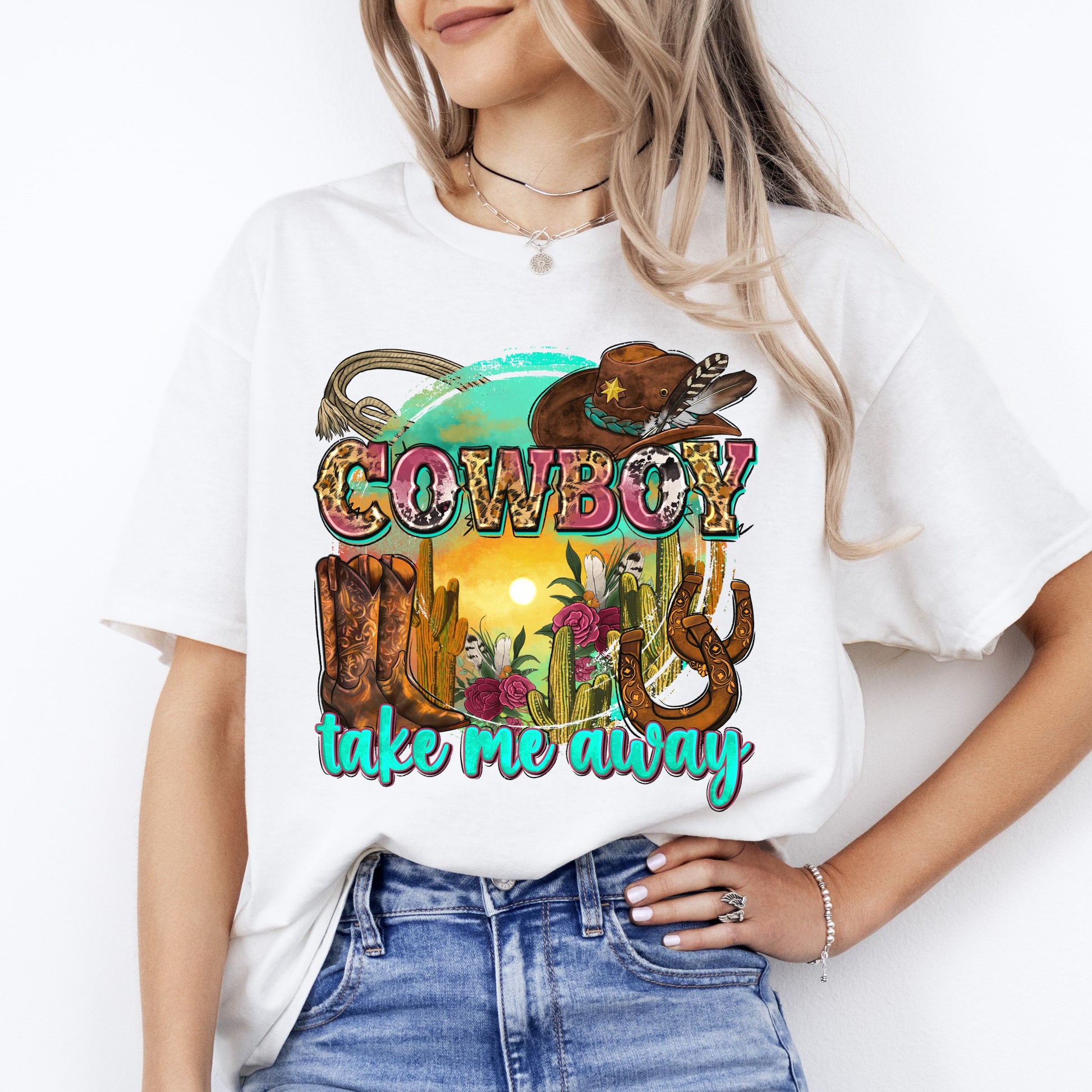 Cowboy take me away T-Shirt Texas Western boots cactus hat Unisex tee White Sand Sport Grey-White-Family-Gift-Planet