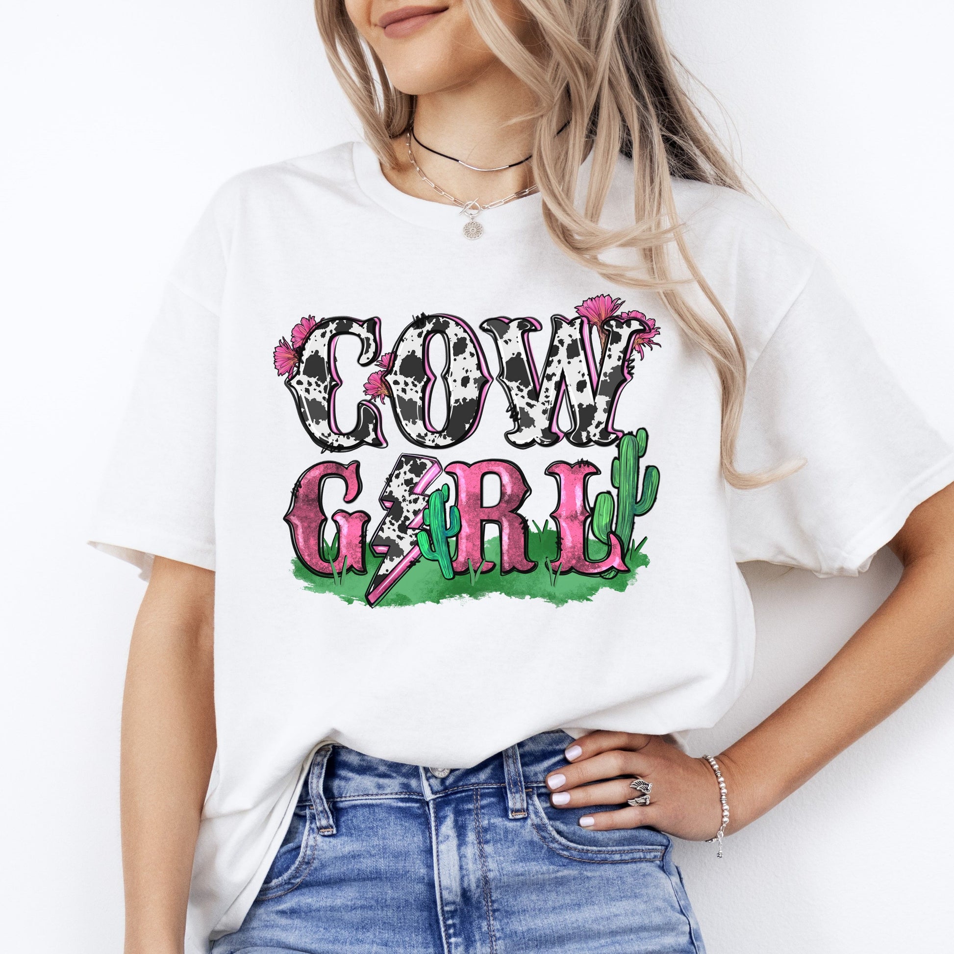 Cowgirl lightning bolt T-Shirt Cow skin cowgirl Unisex tee White Sand Sport Grey-White-Family-Gift-Planet