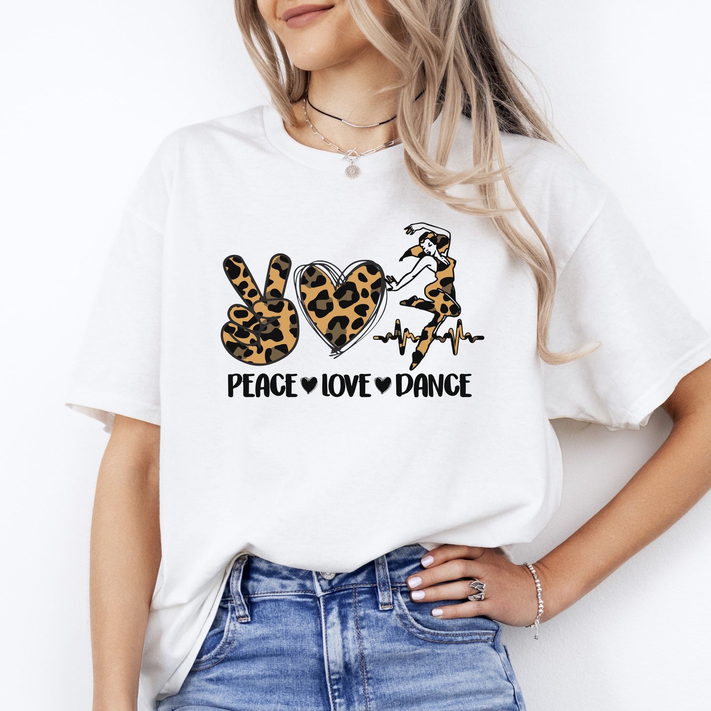 Peace Love Dance T-Shirt Leopard skin Dancer Dance Teacher Unisex Tee Sand White Sport Grey-White-Family-Gift-Planet