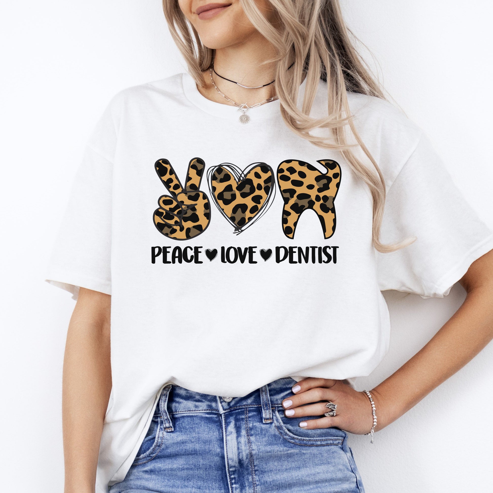 Peace Love Dentist T-Shirt Leopard skin Orthodontist Dental squad Unisex Tee Sand White Sport Grey-White-Family-Gift-Planet