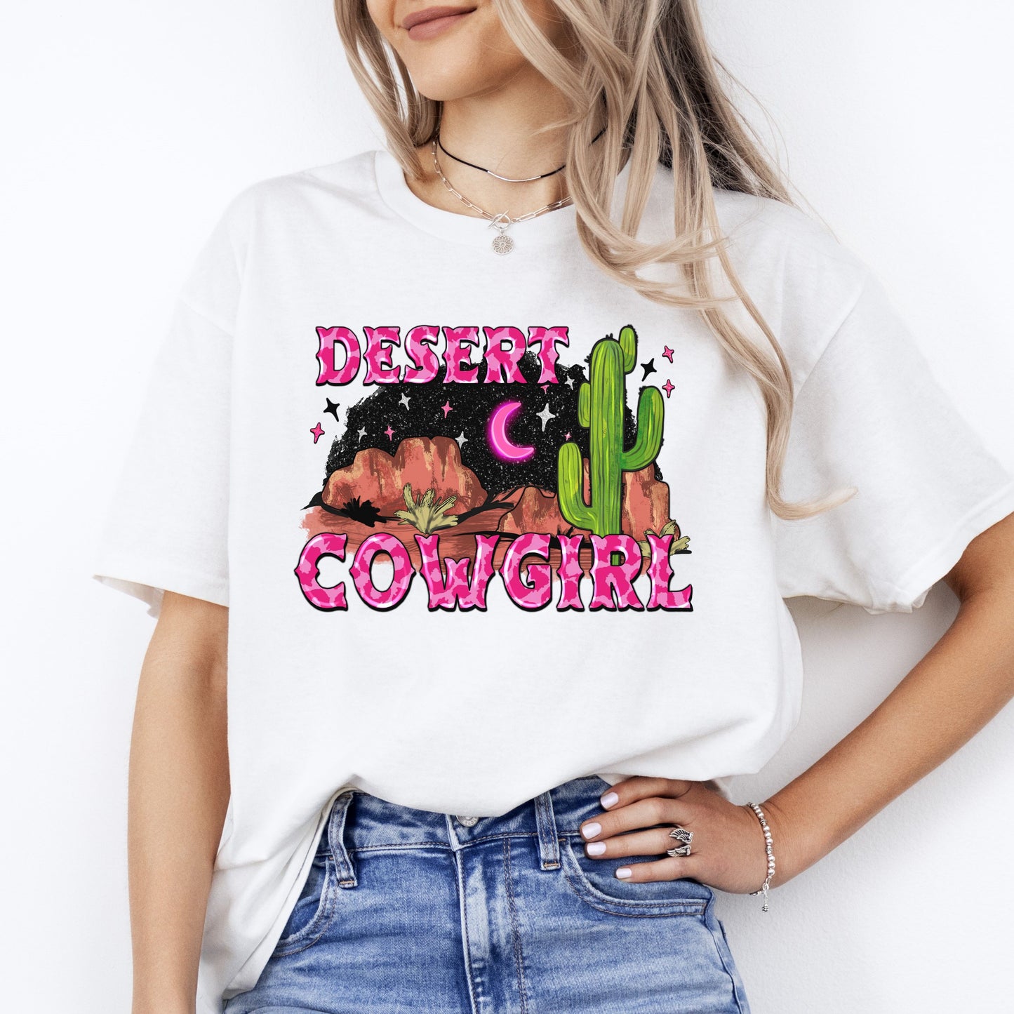 Desert cowgirl T-Shirt gift Western Night desert cactus pink cowgirl Tee Sand White Sport Grey-White-Family-Gift-Planet