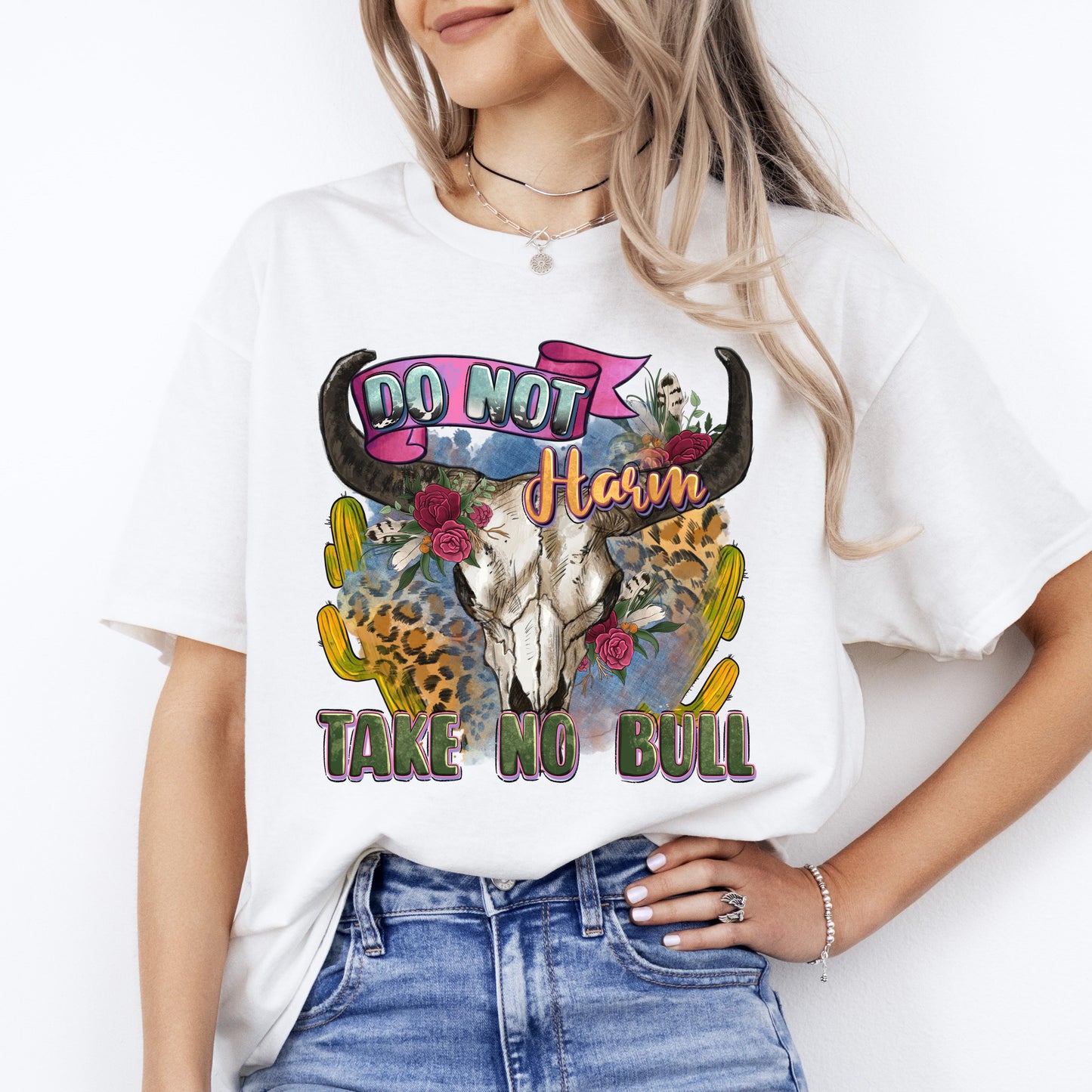 Do not harm take no bull cow skull T-Shirt gift Leopard skin buffalo skull Texas girl Unisex Tee Sand White Sport Grey-White-Family-Gift-Planet