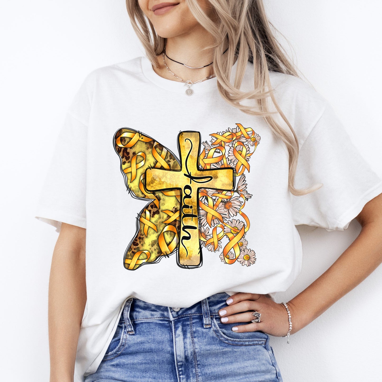 Faith child cancer cross T-Shirt gift gold ribbon child cancer awareness cross Tee Sand White Sport Grey-White-Family-Gift-Planet